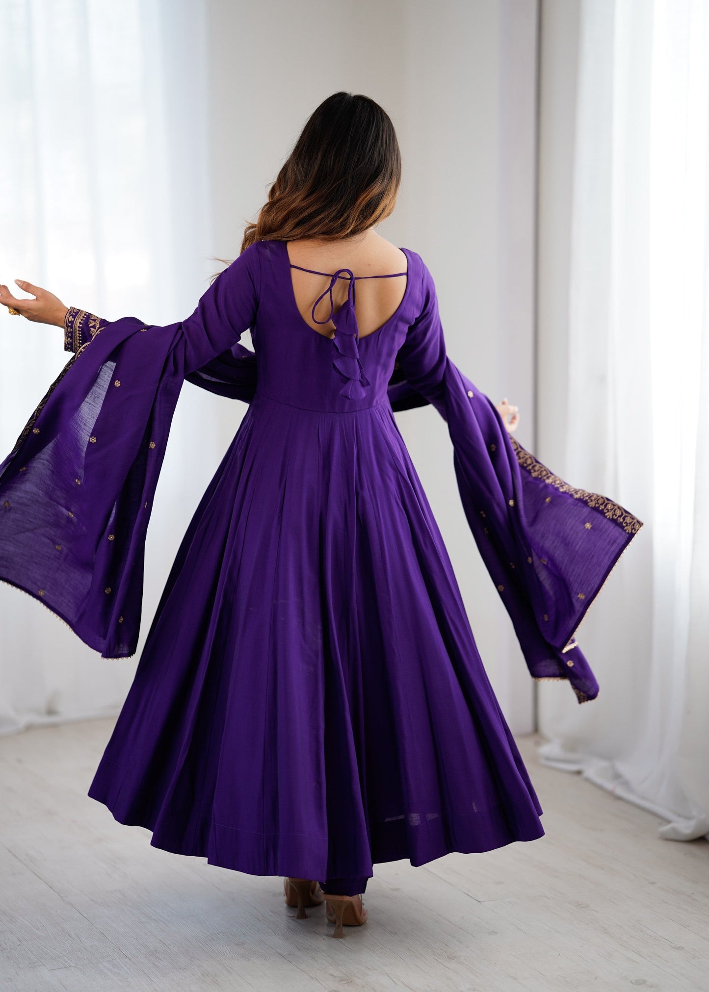 Lorenvalley Fashion Purple Roman Chanderi Silk Handwork Beads Work Anarkali Pant with Dupatta - Swadesiicart