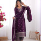Lorenvalley Purple Chinon Silk Embroidery Sequence and Jari Work Kurta Trousers with Dupatta Set | Swadesiicart