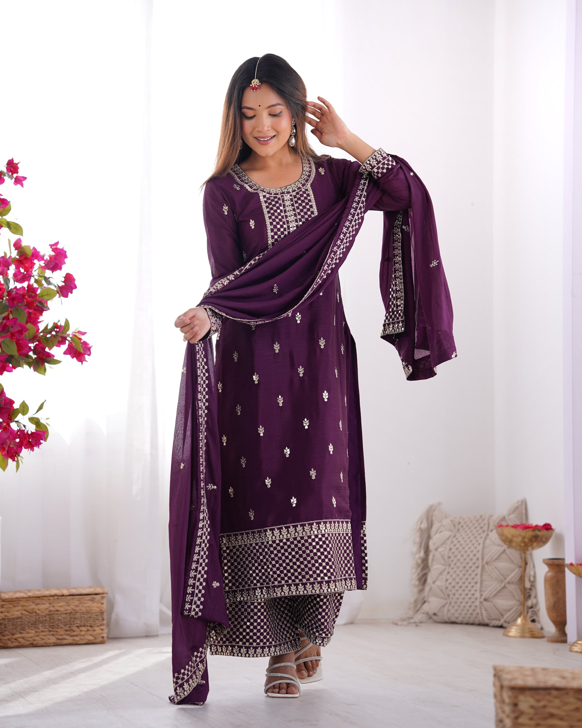 Lorenvalley Purple Chinon Silk Embroidery Sequence and Jari Work Kurta Trousers with Dupatta Set | Swadesiicart