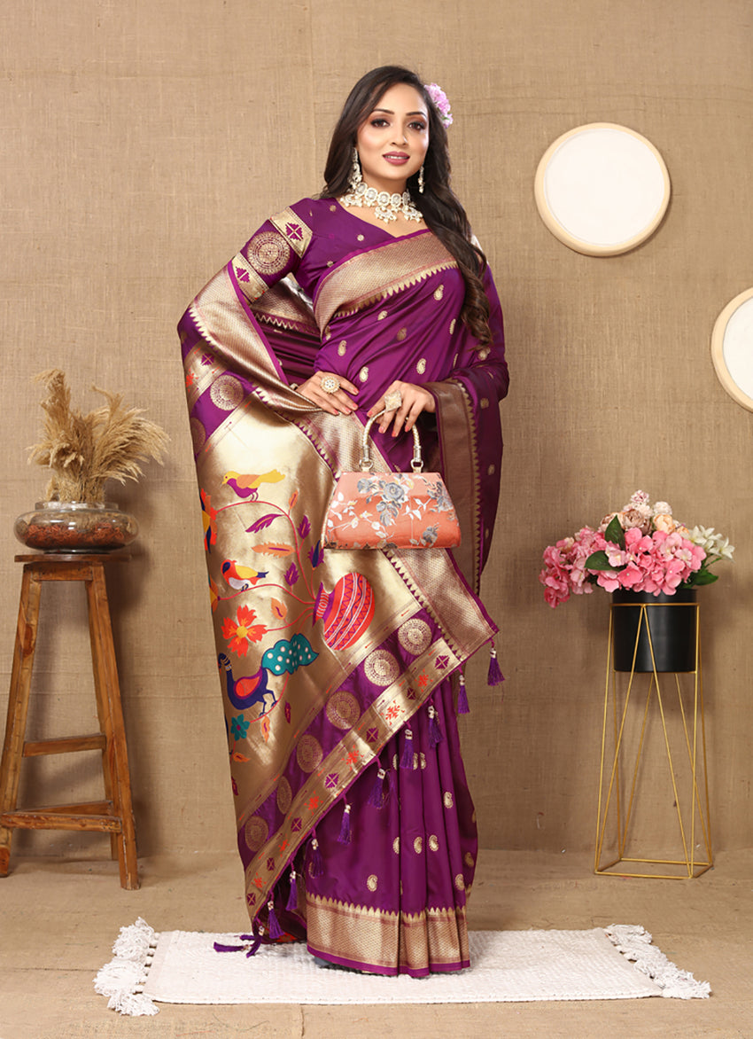 Lorenvalley Fashion Purple Soft Paithani Silk Woven Design Rich Zari Meenakari Weaving Saree - Swadesiicart