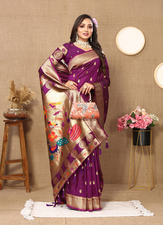 Lorenvalley Fashion Purple Soft Paithani Silk Woven Design Rich Zari Meenakari Weaving Saree - Swadesiicart