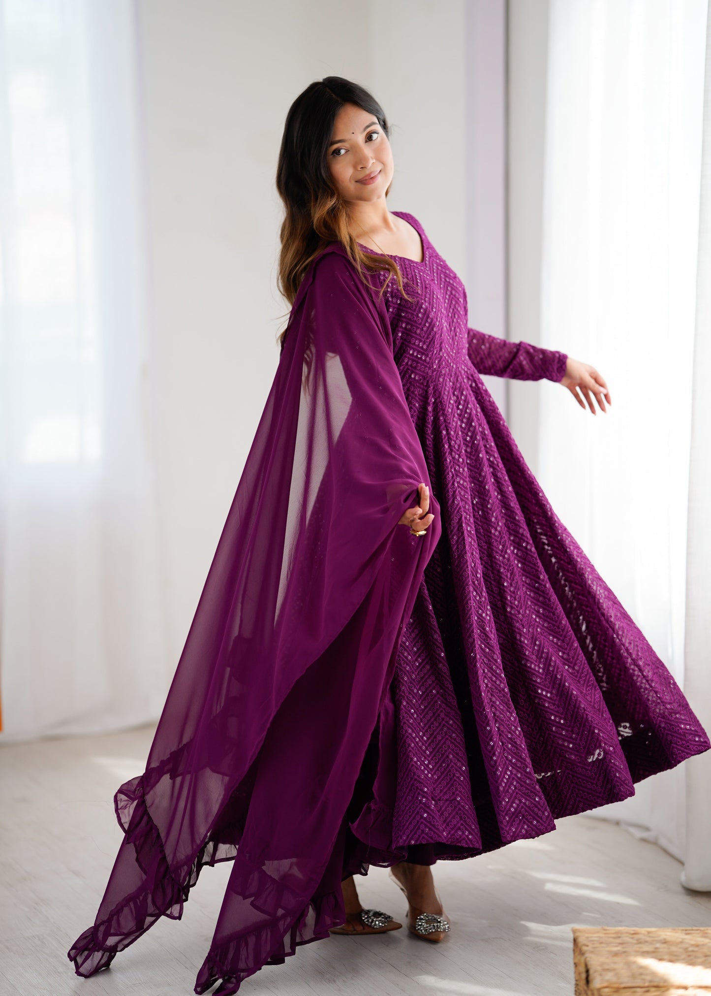 Lorenvalley Purple Faux Georgette Lukhnowi Sequence Work Anarkali Kurta Pant With Dupatta Set - Swadesiicart