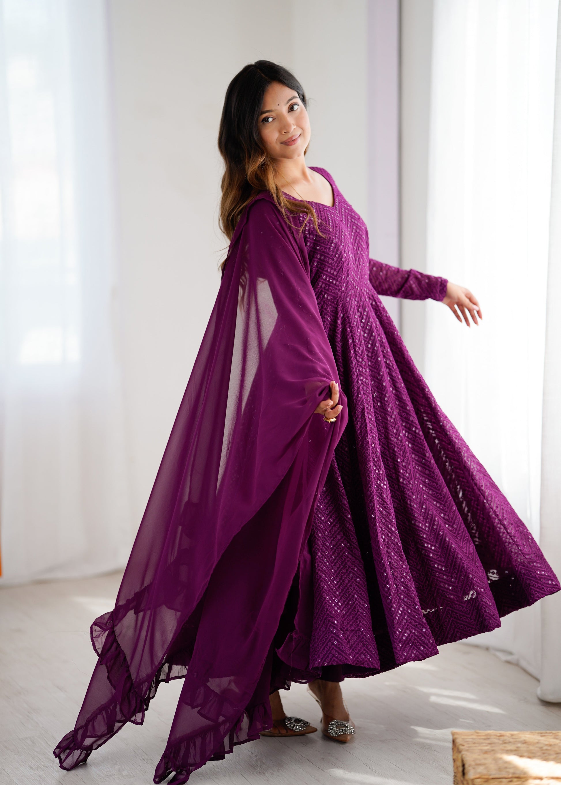 Lorenvalley Purple Faux Georgette Lukhnowi Sequence Work Anarkali Kurta Pant With Dupatta Set - Swadesiicart