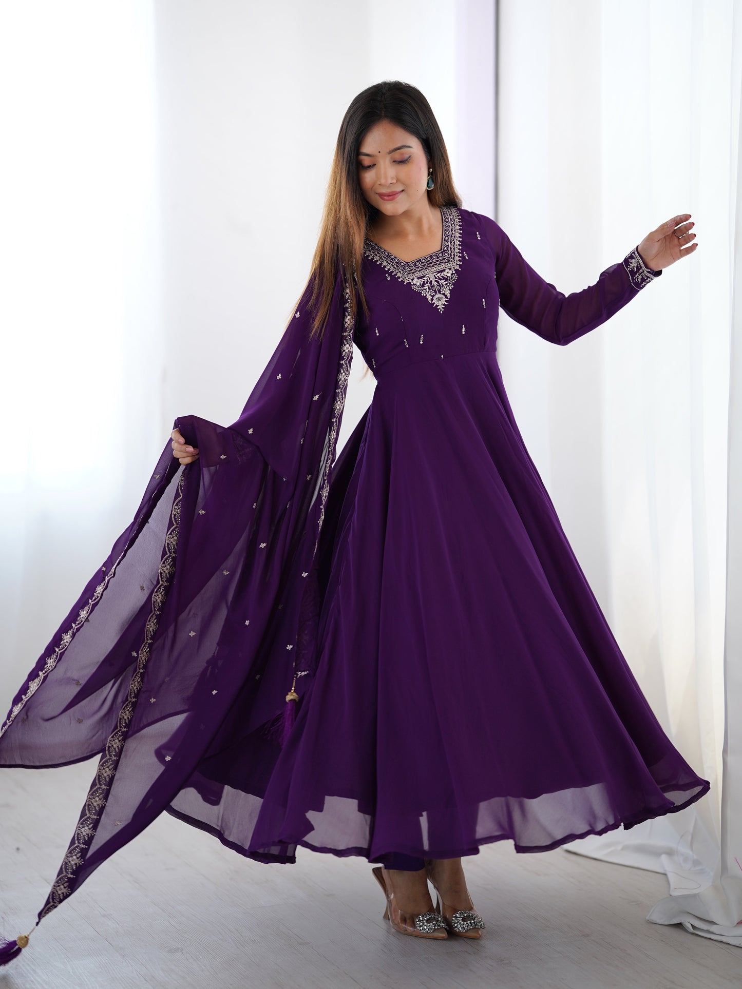 Lorenvalley Purple Faux Georgette Fancy Embroidery Beads And Jari Work Anarkali Kurta Palazzo With Dupatta Set | Swadesiicart