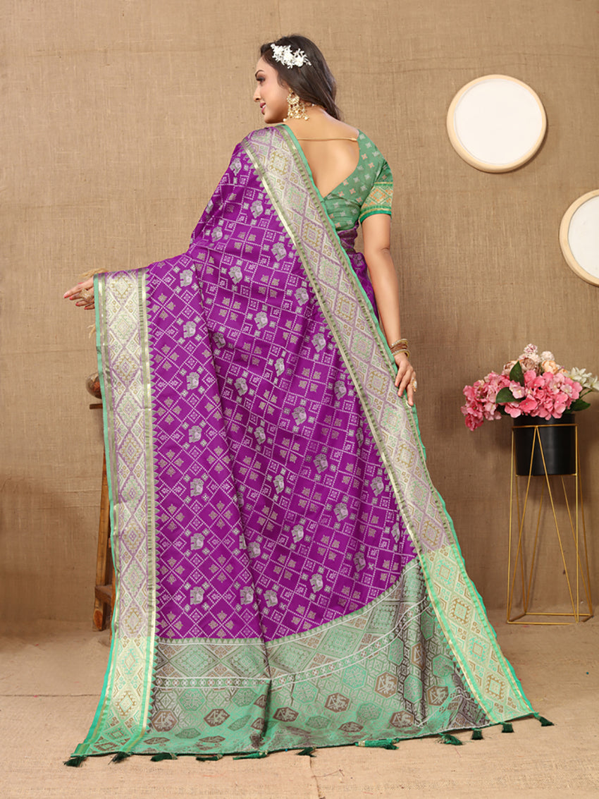 Lorenvalley Fashion Purple Patola Silk Woven Design with Zari Meenakari Weaving motifs Pallu Saree - Swadesiicart