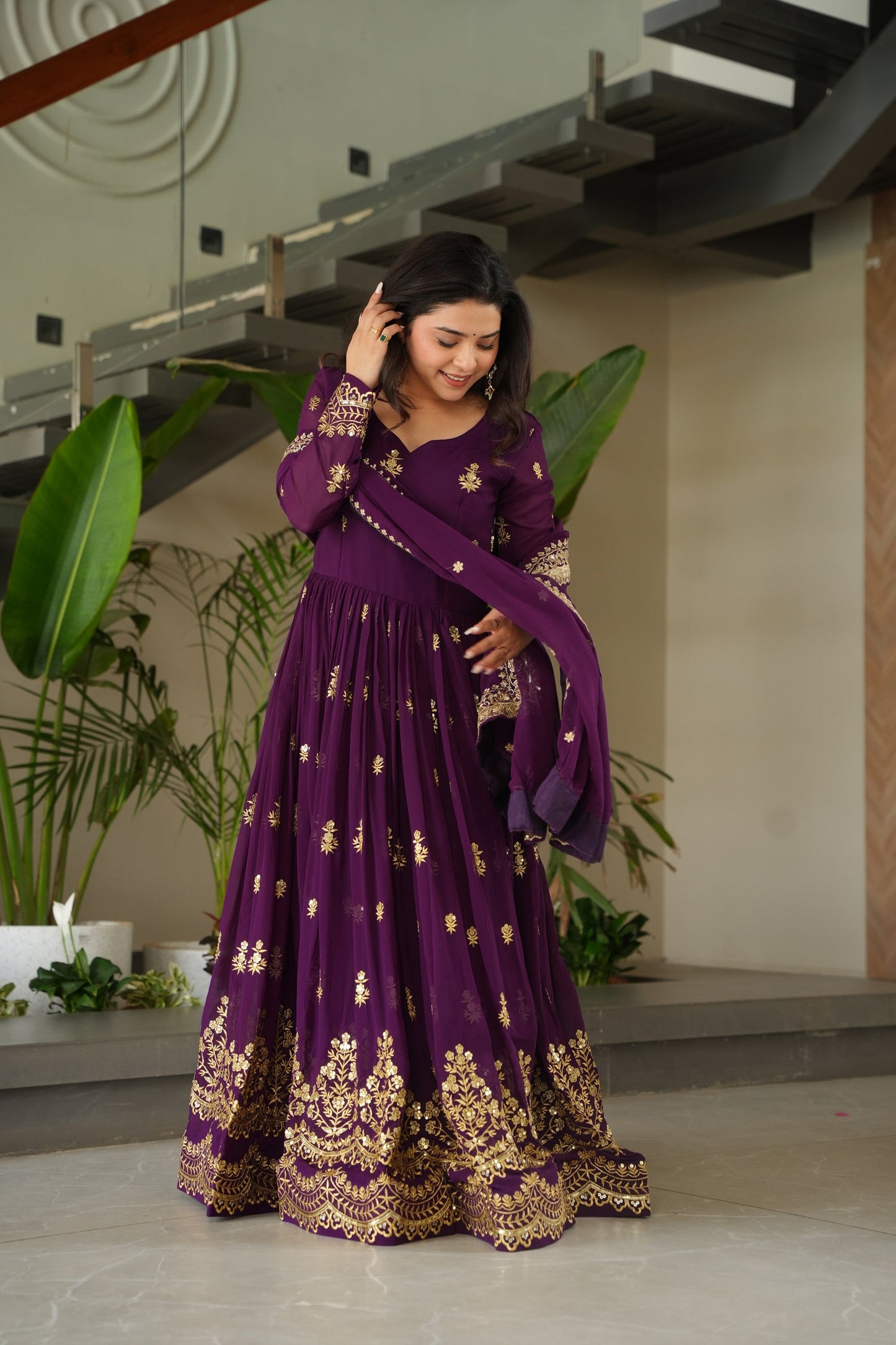 Lorenvalley Fashion Purple Faux Georgette with Zari & Sequins Embroidered Work Anarkali Gown with Dupatta - Swadesiicart
