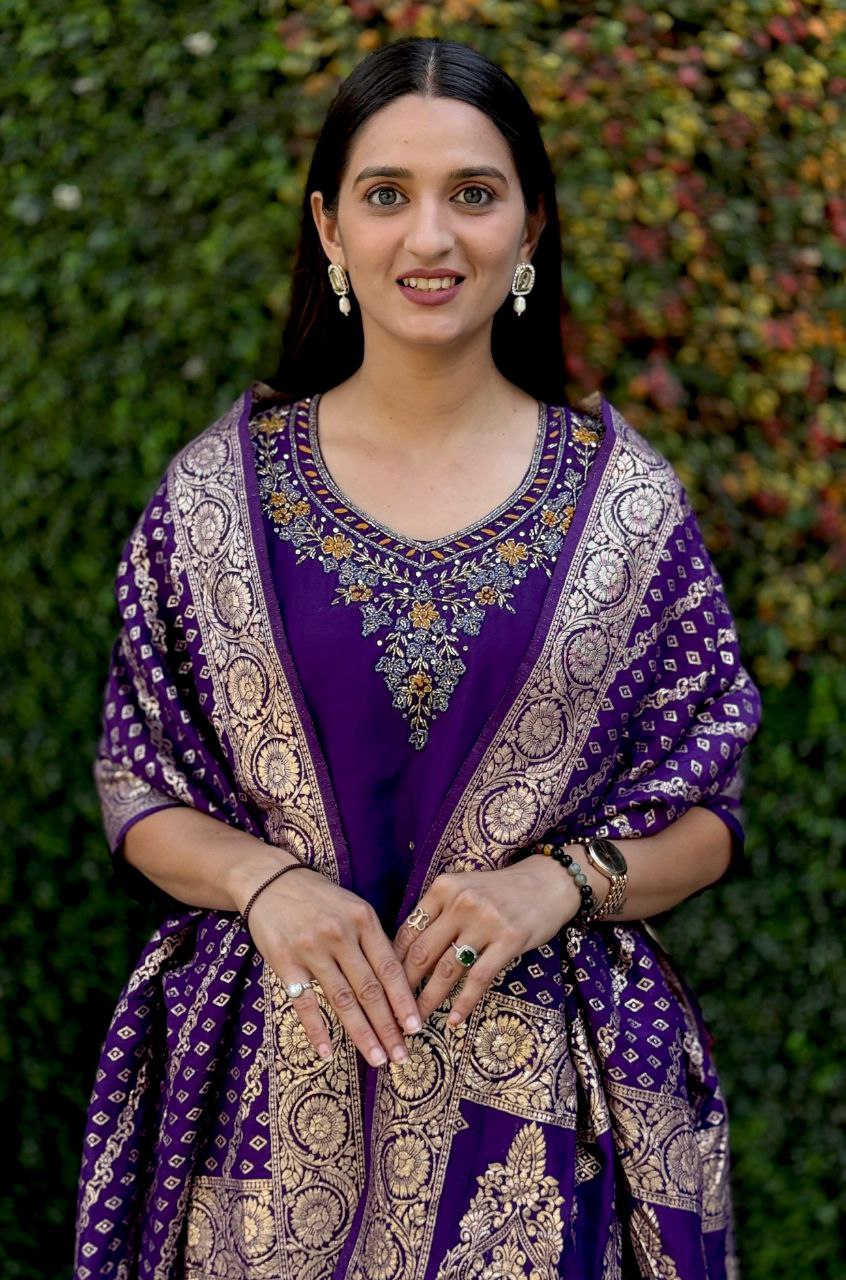 Lorenvalley Fashion Purple Roman Silk Hand Work Kurta Pant with Dupatta - Swadesiicart