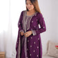 Lorenvalley Purple Chinon Silk Embroidery Sequence and Jari Work Kurta Trousers with Dupatta Set | Swadesiicart
