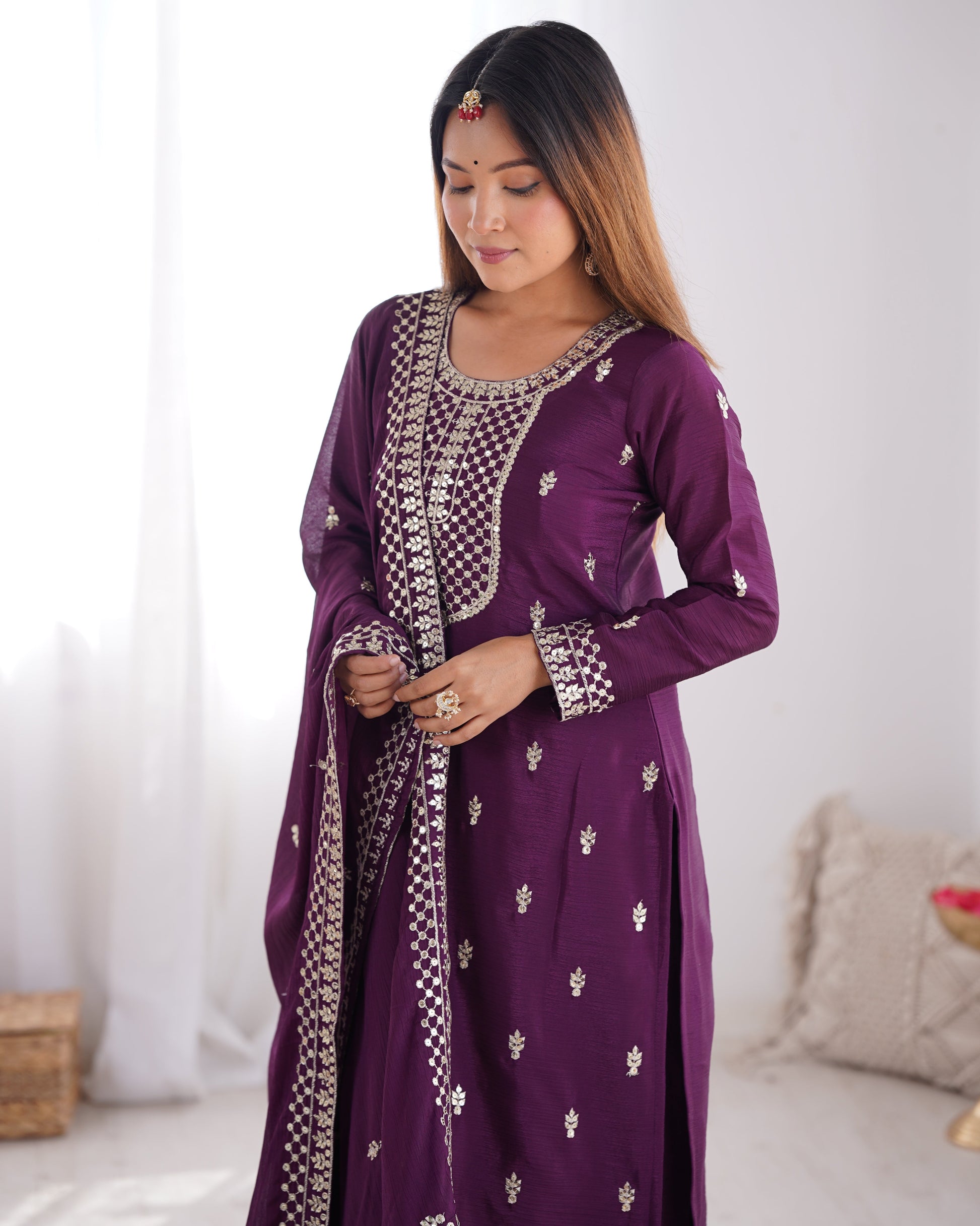 Lorenvalley Purple Chinon Silk Embroidery Sequence and Jari Work Kurta Trousers with Dupatta Set | Swadesiicart