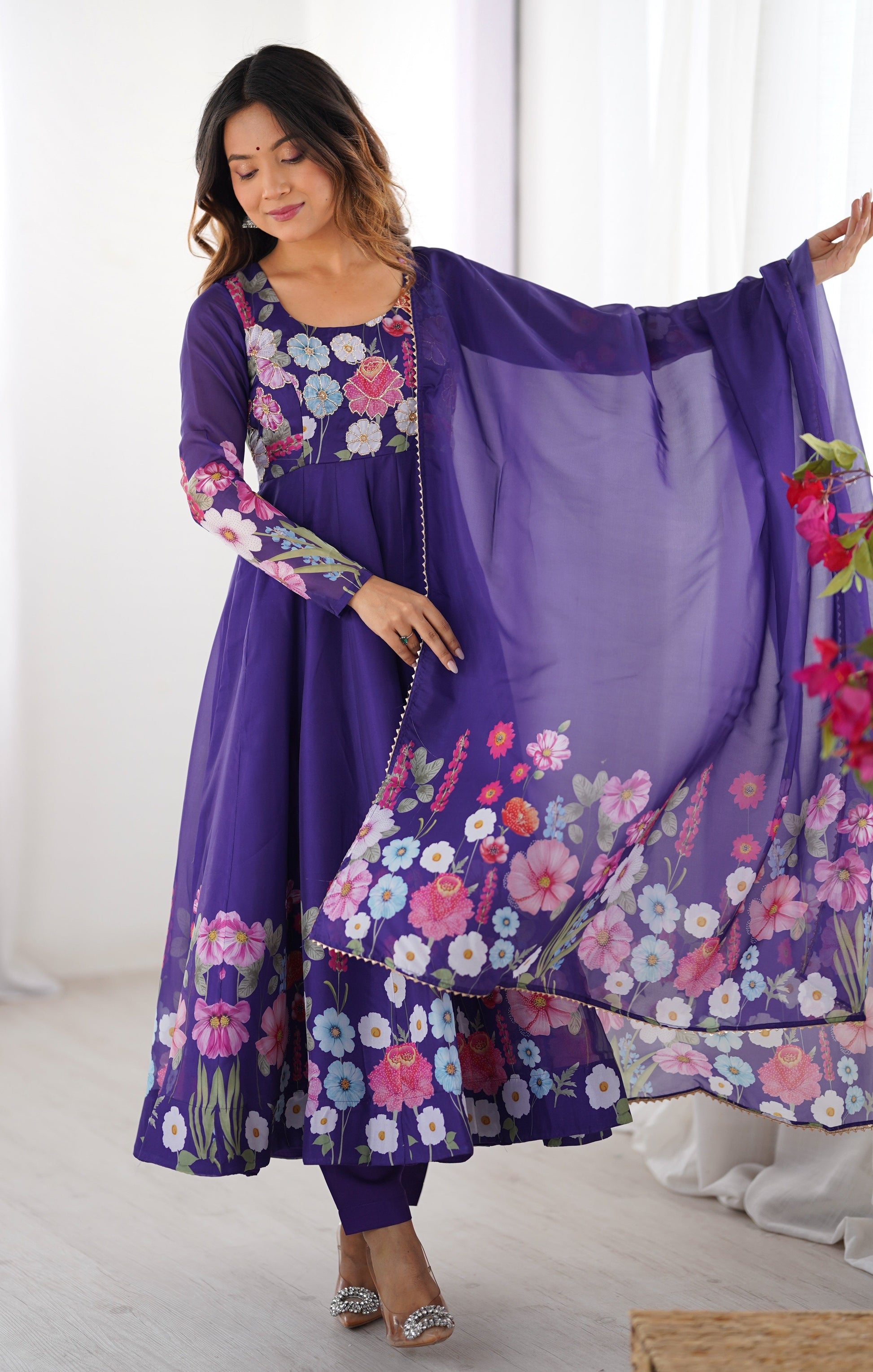 Lorenvalley Purple Soft Organza Silk With Floral Print Fully Flared Anarkali Pant With Dupatta Set | Swadesiicart