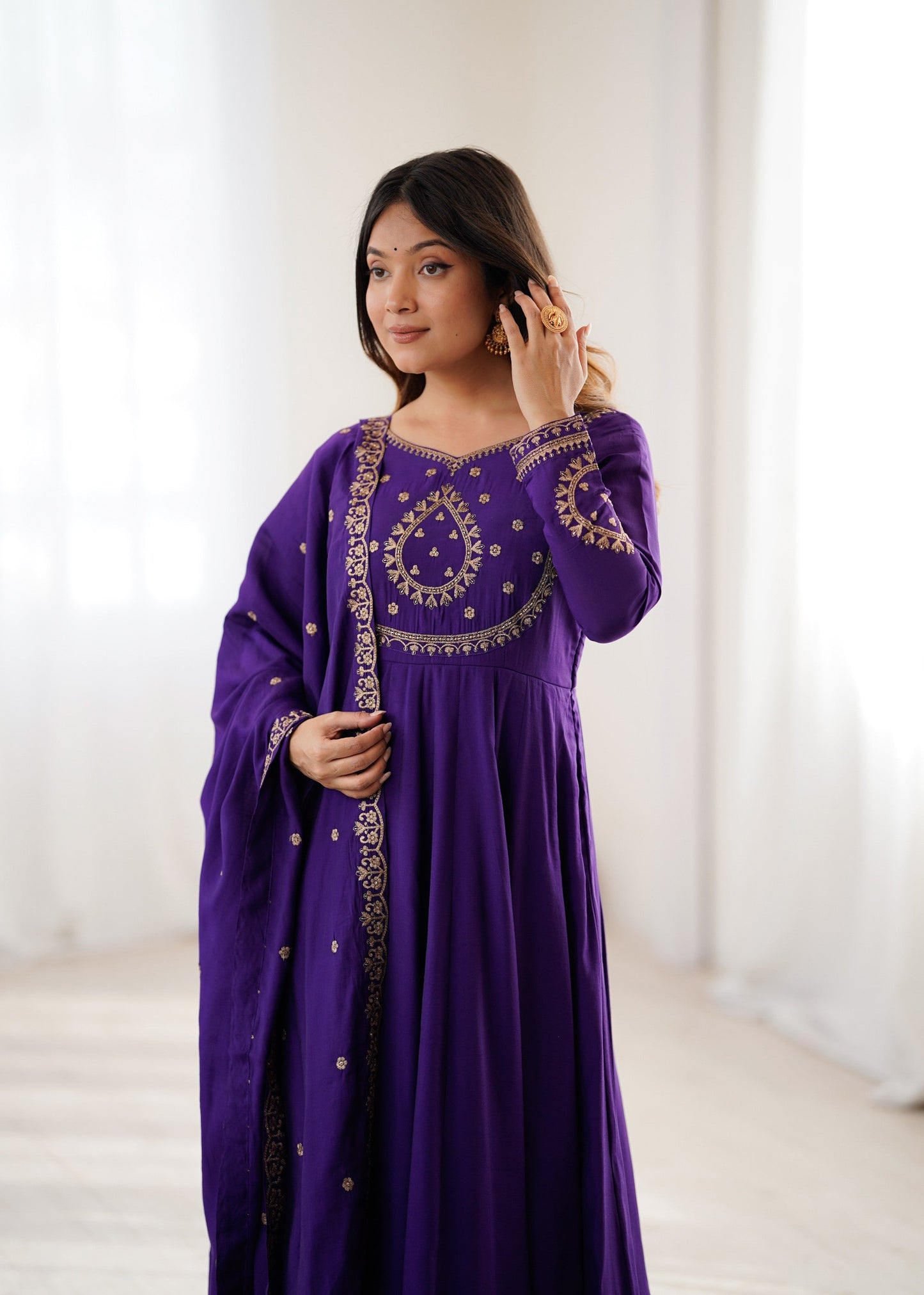 Lorenvalley Fashion Purple Roman Chanderi Silk Handwork Beads Work Anarkali Pant with Dupatta - Swadesiicart