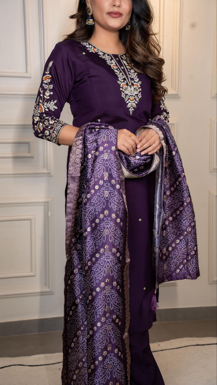 Lorenvalley Fashion Purple Roman Silk Embroidery Multi Work Kurta Pant with Dupatta - Swadesiicart