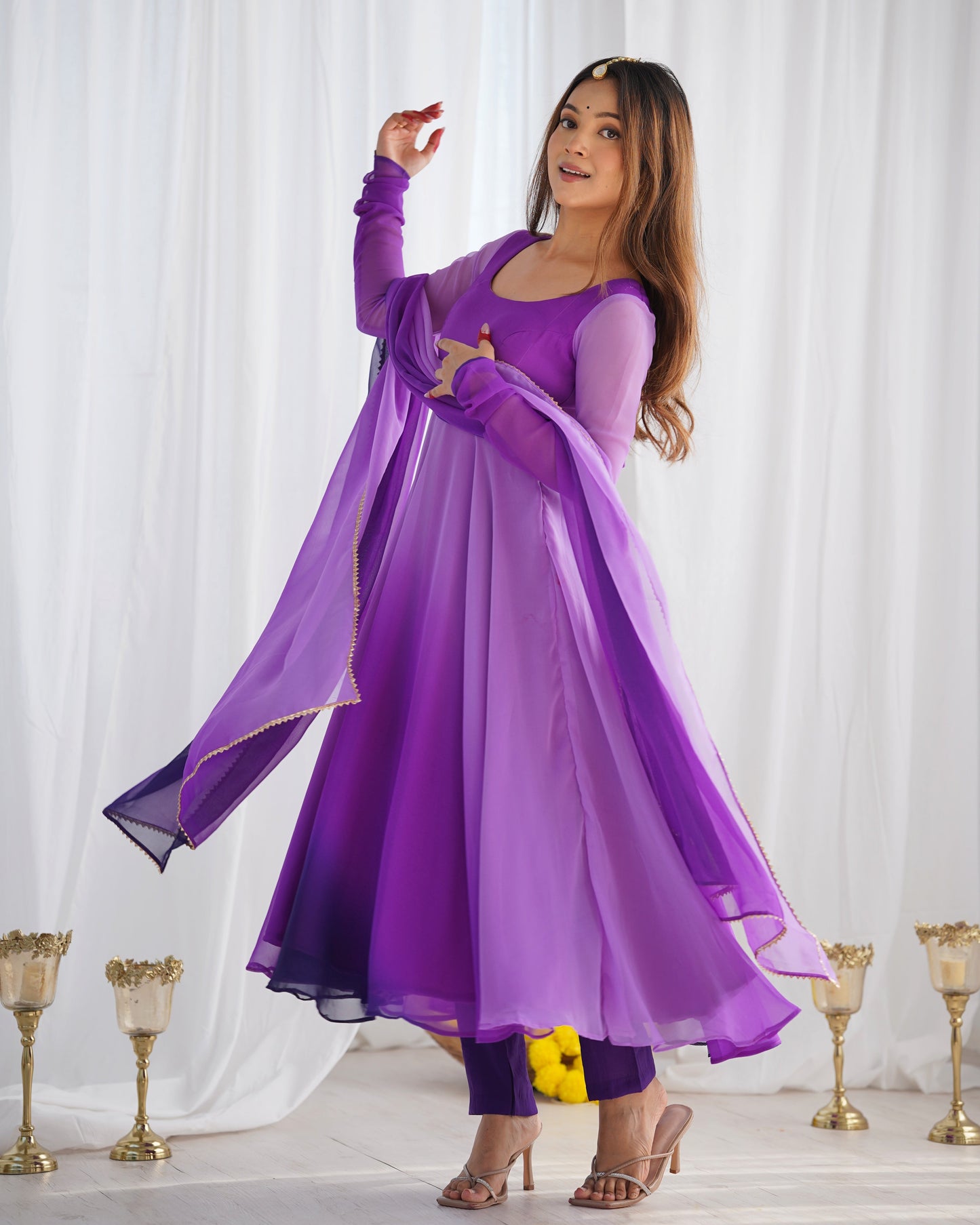 Lorenvalley Women Pure Soft Faux Georgette Colourfull Padding Anarkali Kurta Pant With Dupatta Set | Swadesiicart