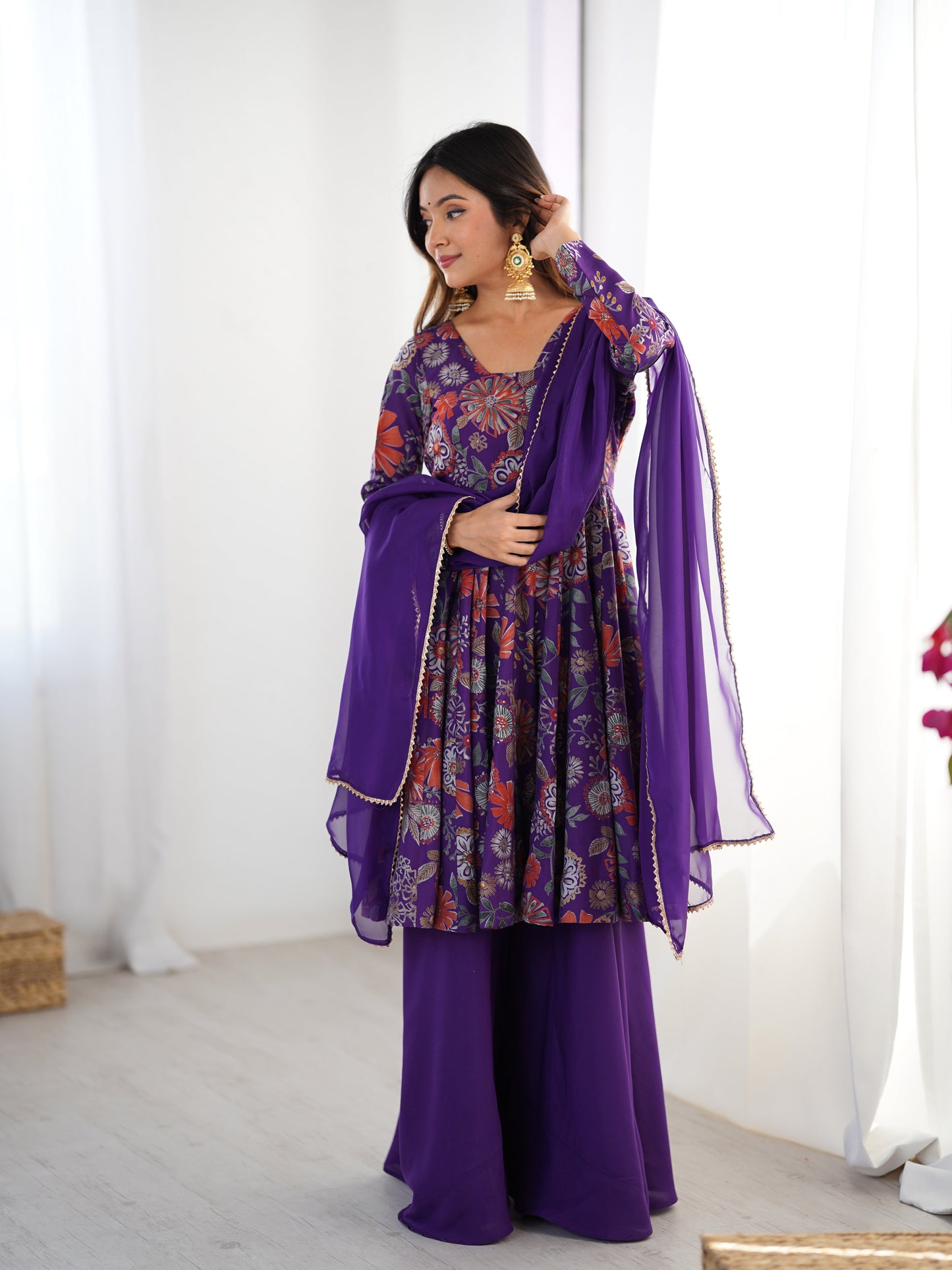 Lorenvalley Women Pure Soft Roman silk Chanderi Discharge Print Fabric Kediya Kurta Palazzo with Dupatta Set | Swadesiicart
