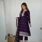 Lorenvalley Purple Rangoli Silk Embroidery Sequence and Jari Work Kurta Trousers with Dupatta Set | Swadesiicart