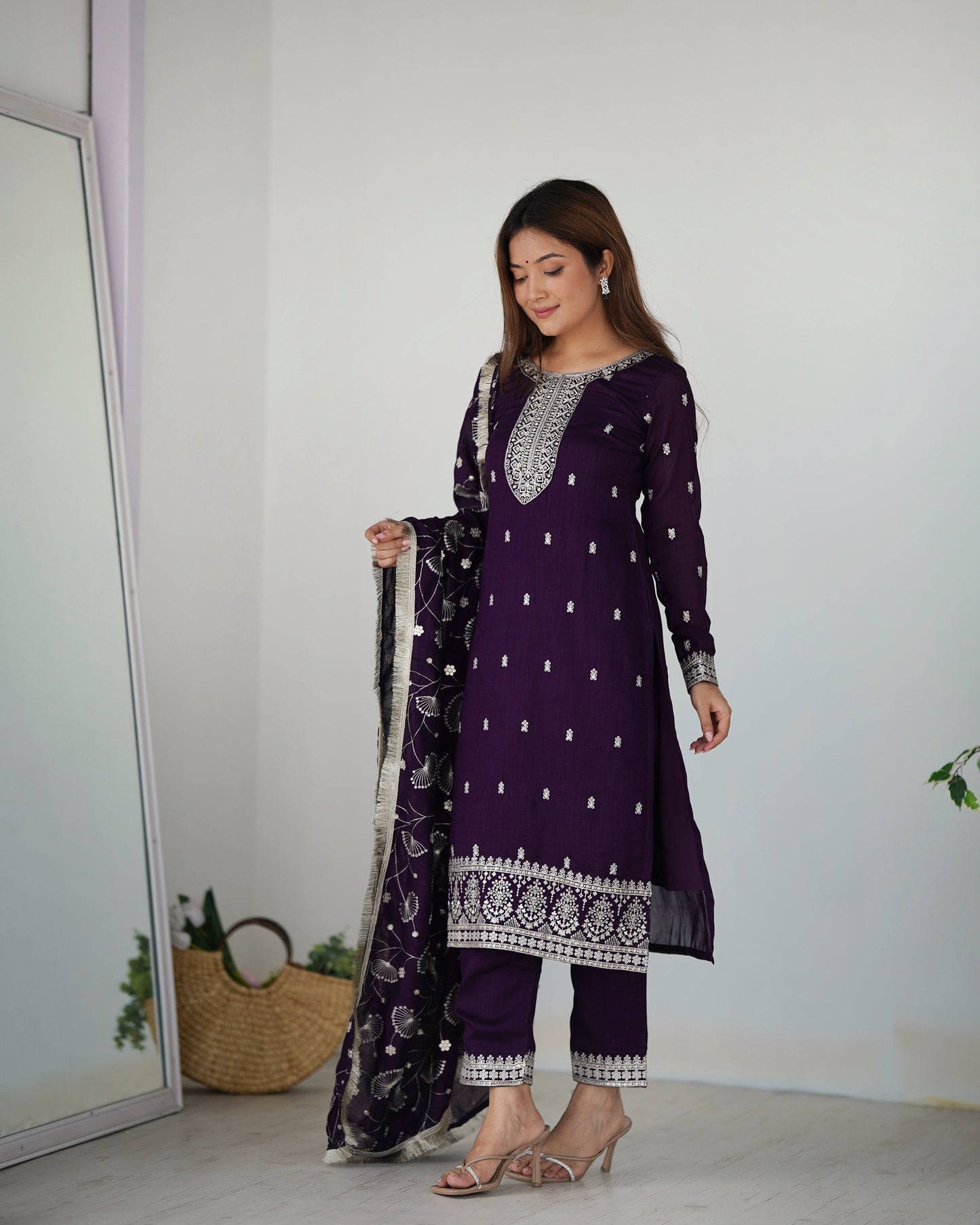 Lorenvalley Purple Rangoli Silk Embroidery Sequence and Jari Work Kurta Trousers with Dupatta Set | Swadesiicart