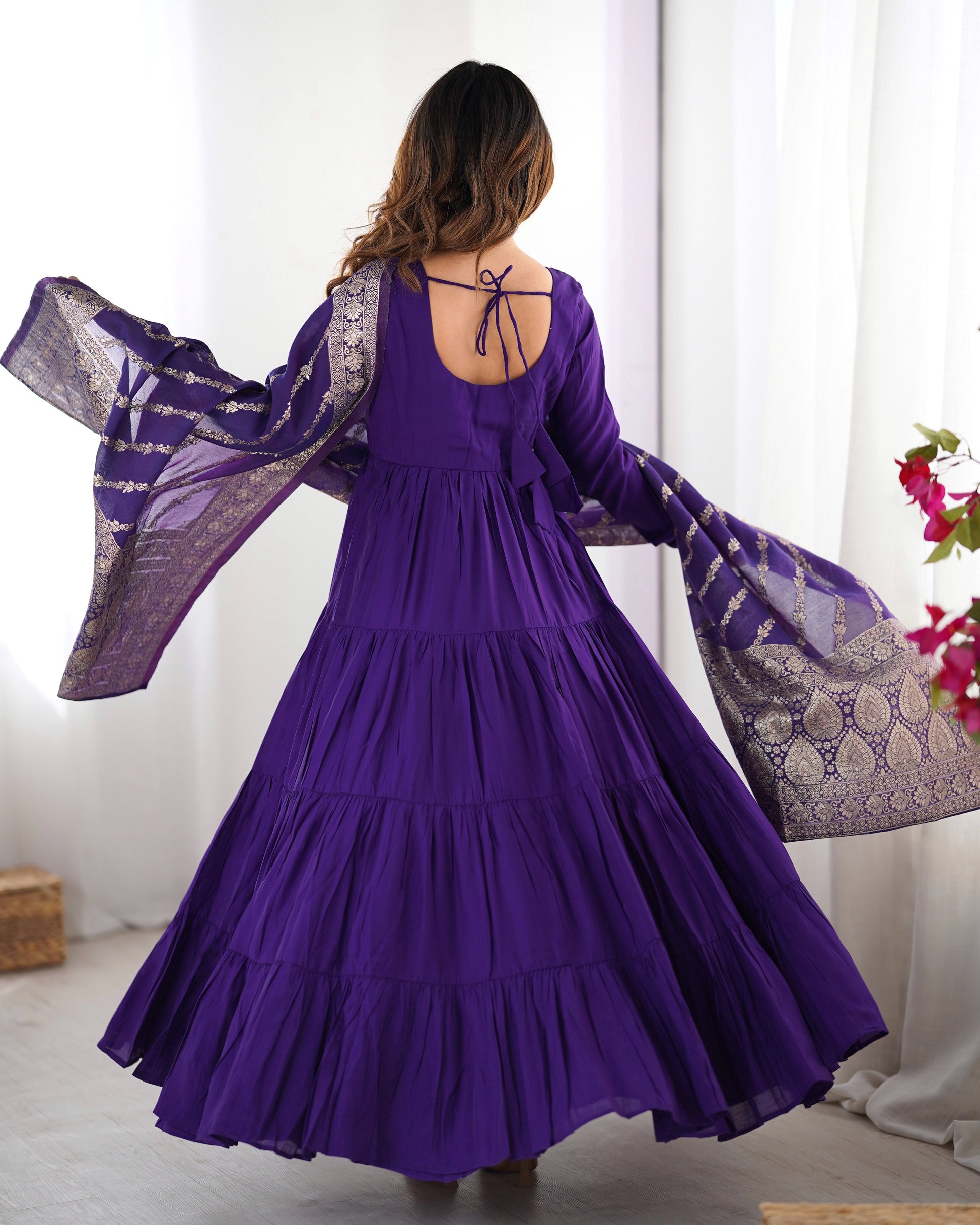 Lorenvalley Women Pure Roman silk Chanderi Fabric Layer Gathering Anarkali Kurta Pant With Dupatta Set | Swadesiicart