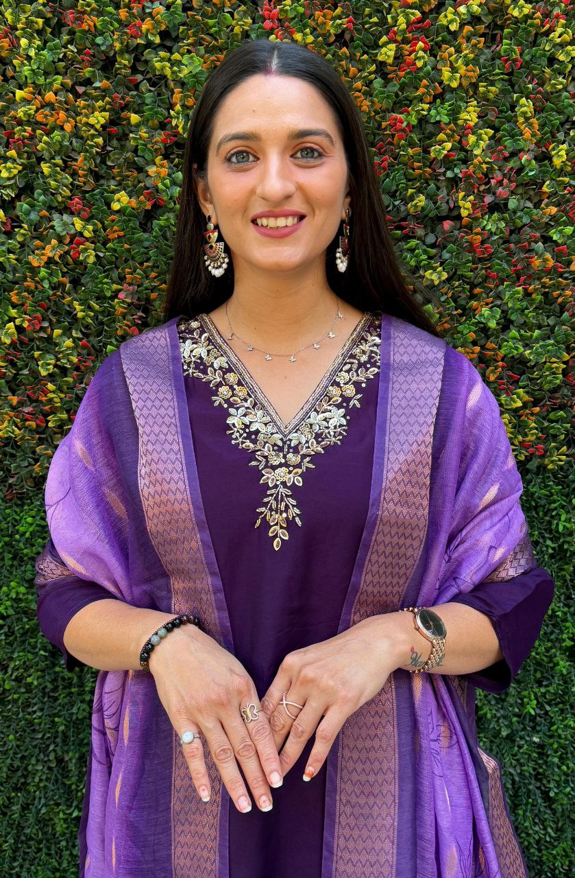 Lorenvalley Fashion Purple Roman Silk Hand Work Kurta Pant with Dupatta - Swadesiicart