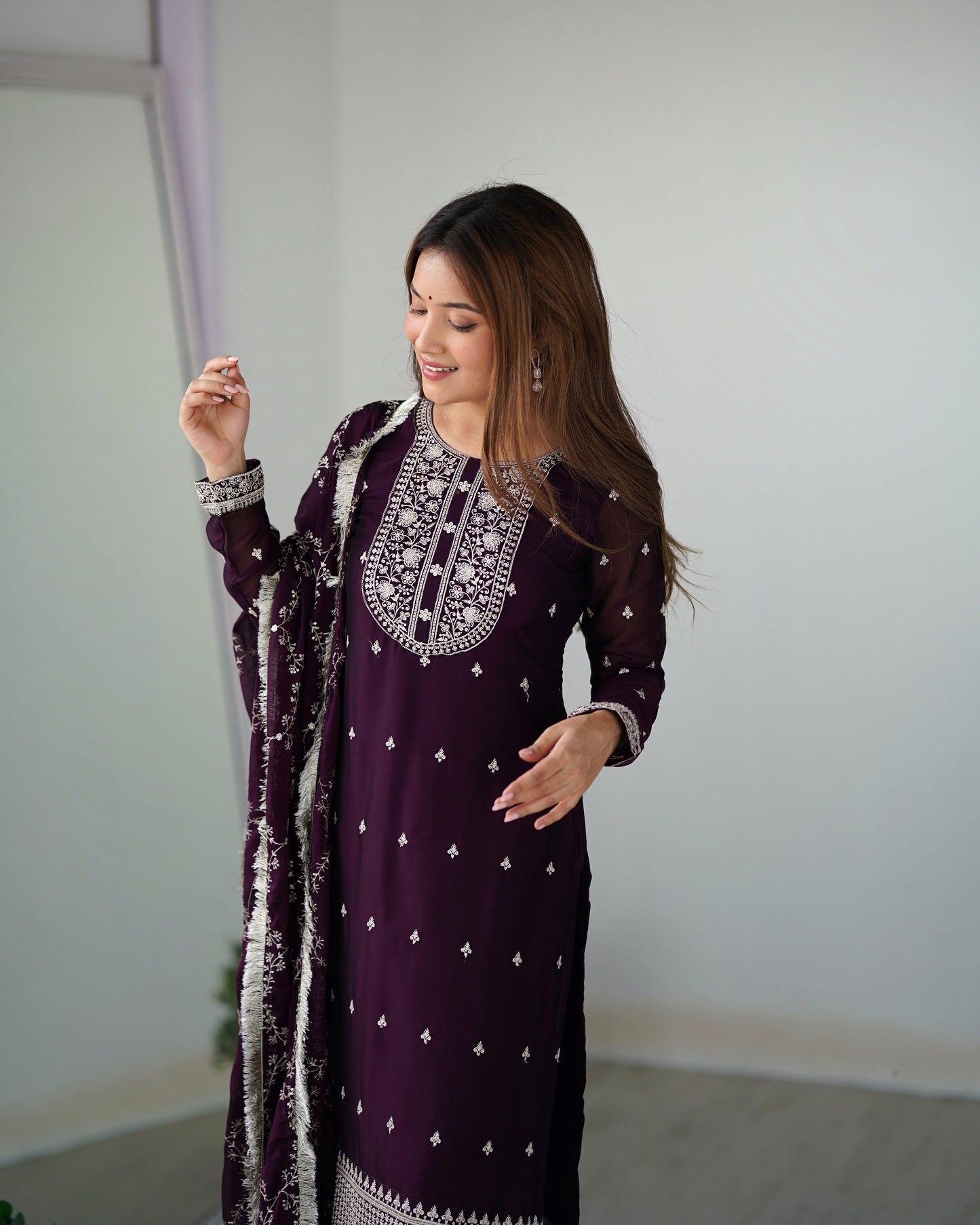 Lorenvalley Wine Rangoli Silk Embroidery Sequence And Thread Work Kurta Trousers with Dupatta Set | Swadesiicart
