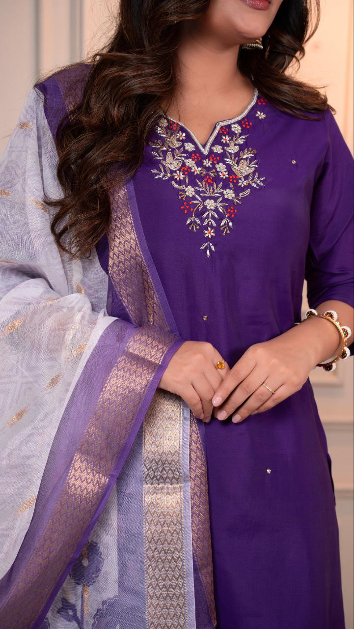 Lorenvalley Fashion Purple Roman Silk Hand Work Kurta Pant with Dupatta - Swadesiicart
