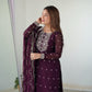 Lorenvalley Wine Rangoli Silk Embroidery Sequence And Thread Work Kurta Trousers with Dupatta Set | Swadesiicart