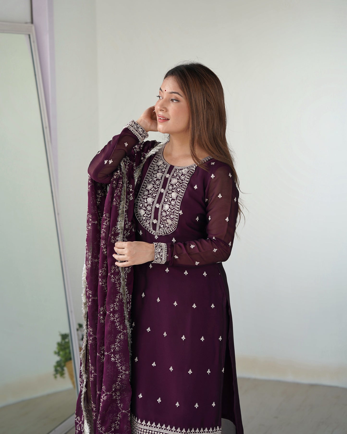 Lorenvalley Wine Rangoli Silk Embroidery Sequence And Thread Work Kurta Trousers with Dupatta Set | Swadesiicart
