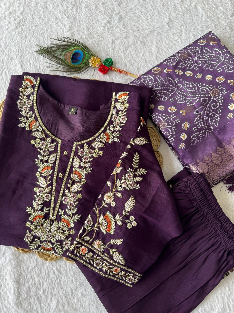 Lorenvalley Fashion Purple Roman Silk Embroidery Multi Work Kurta Pant with Dupatta - Swadesiicart