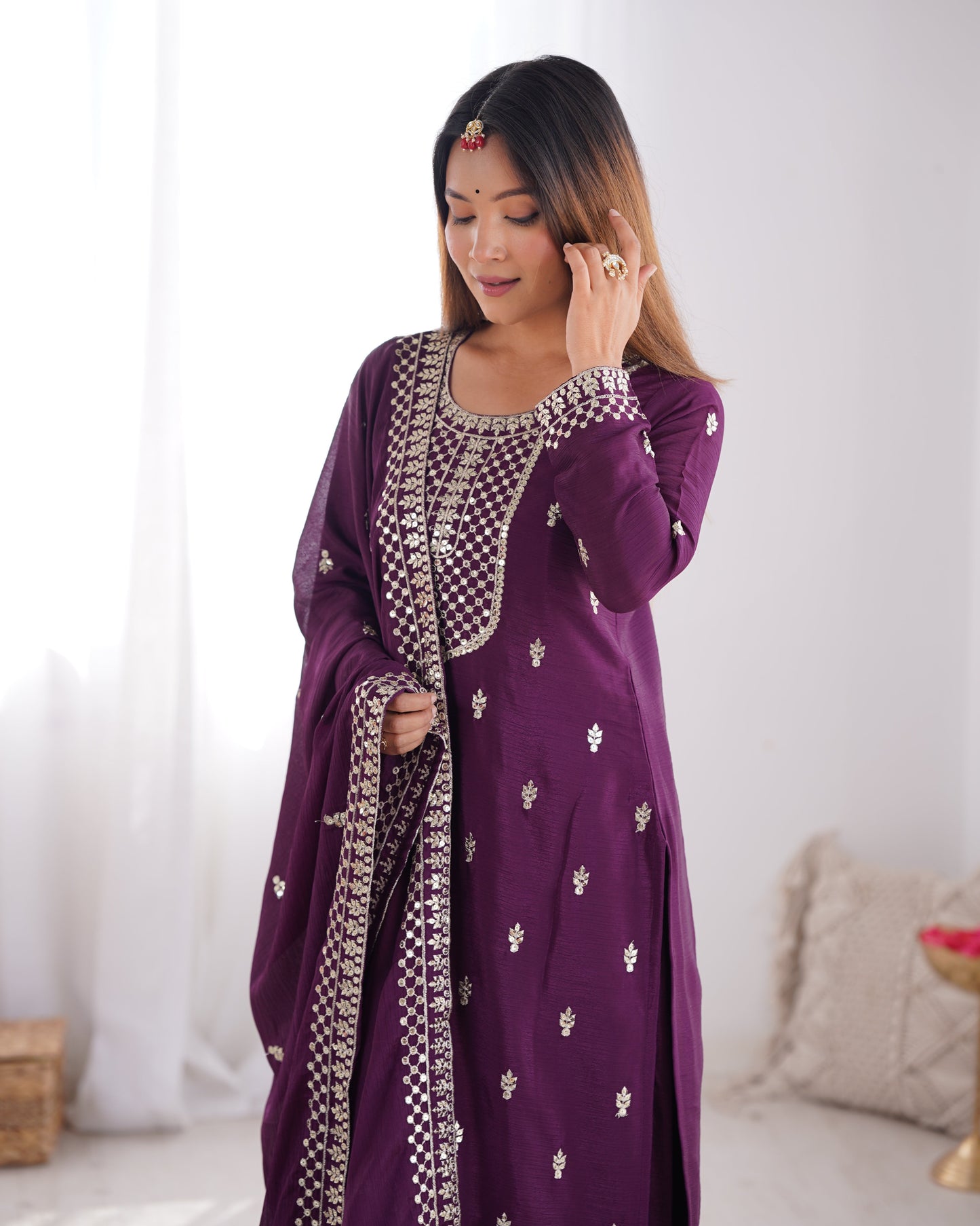 Lorenvalley Purple Chinon Silk Embroidery Sequence and Jari Work Kurta Trousers with Dupatta Set | Swadesiicart
