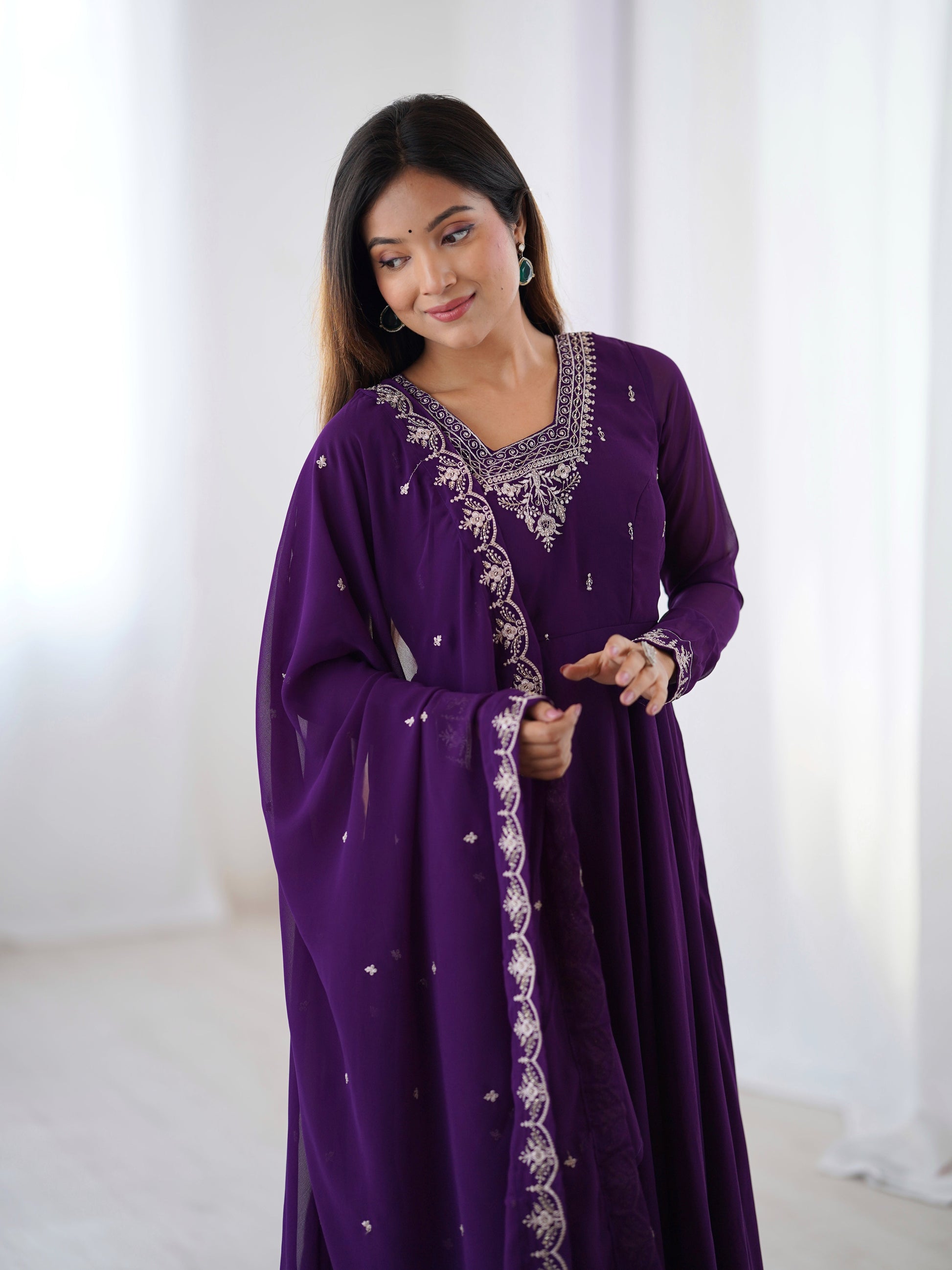 Lorenvalley Purple Faux Georgette Fancy Embroidery Beads And Jari Work Anarkali Kurta Palazzo With Dupatta Set | Swadesiicart