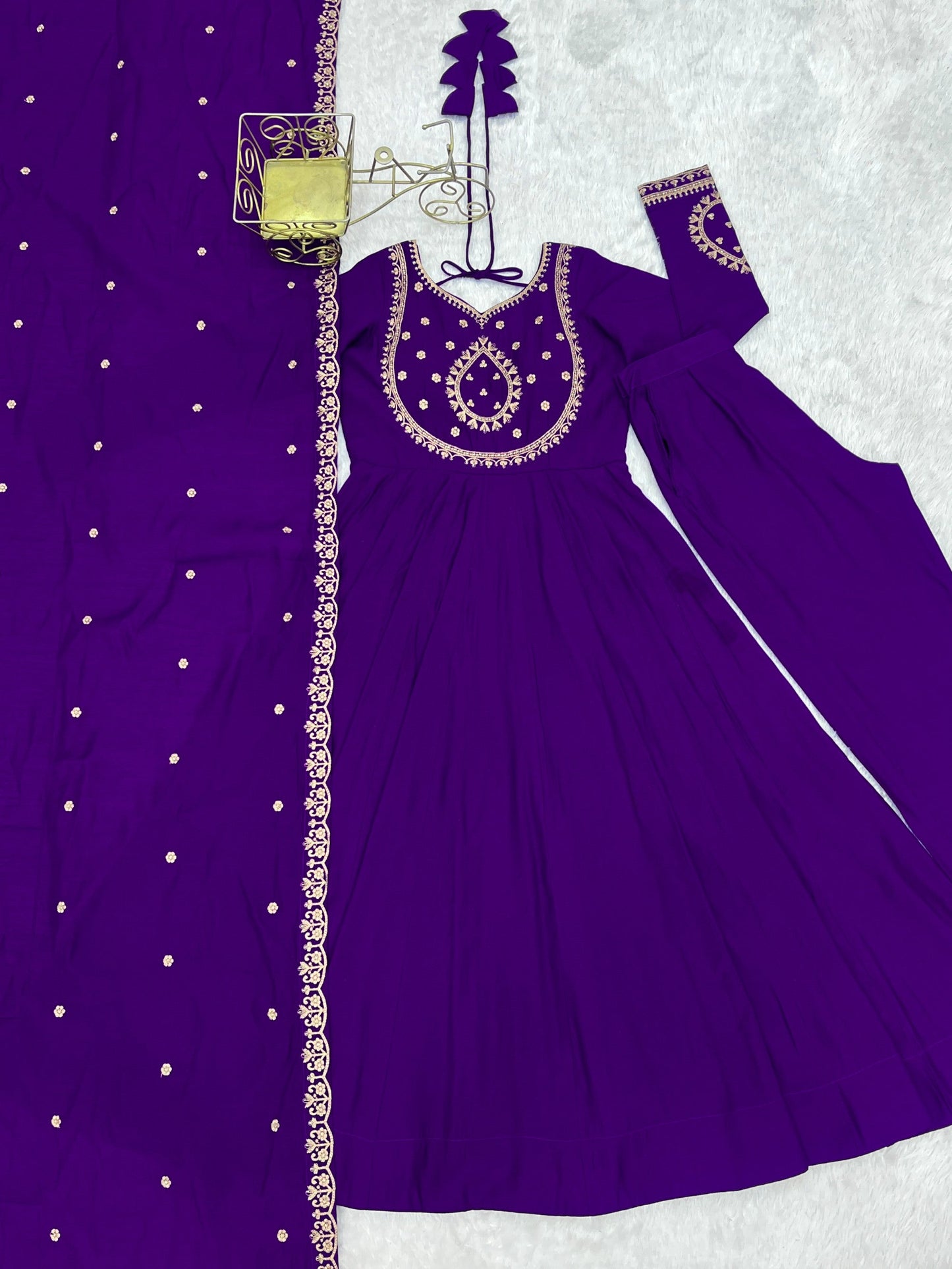 Lorenvalley Fashion Purple Roman Chanderi Silk Handwork Beads Work Anarkali Pant with Dupatta - Swadesiicart