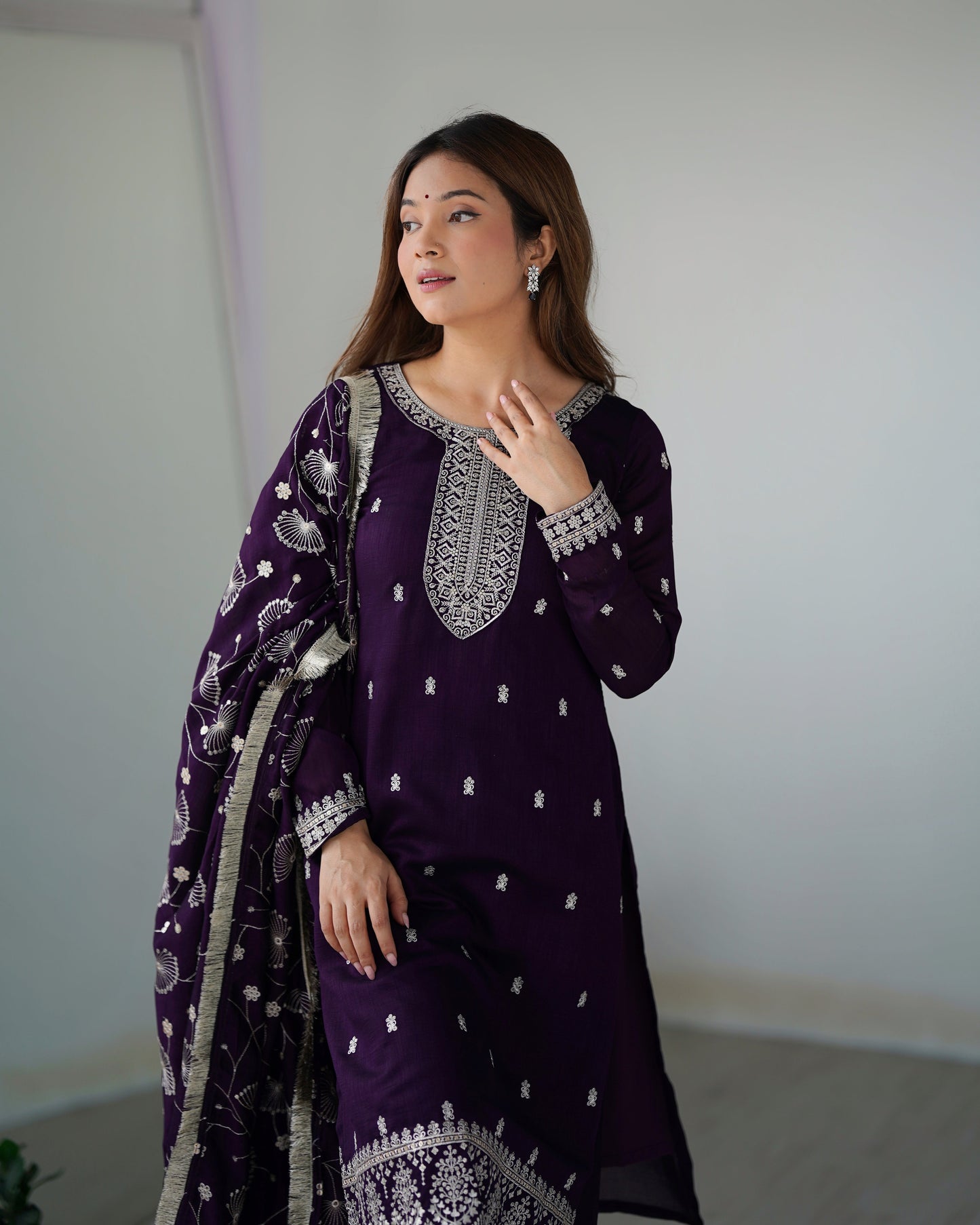 Lorenvalley Purple Rangoli Silk Embroidery Sequence and Jari Work Kurta Trousers with Dupatta Set | Swadesiicart