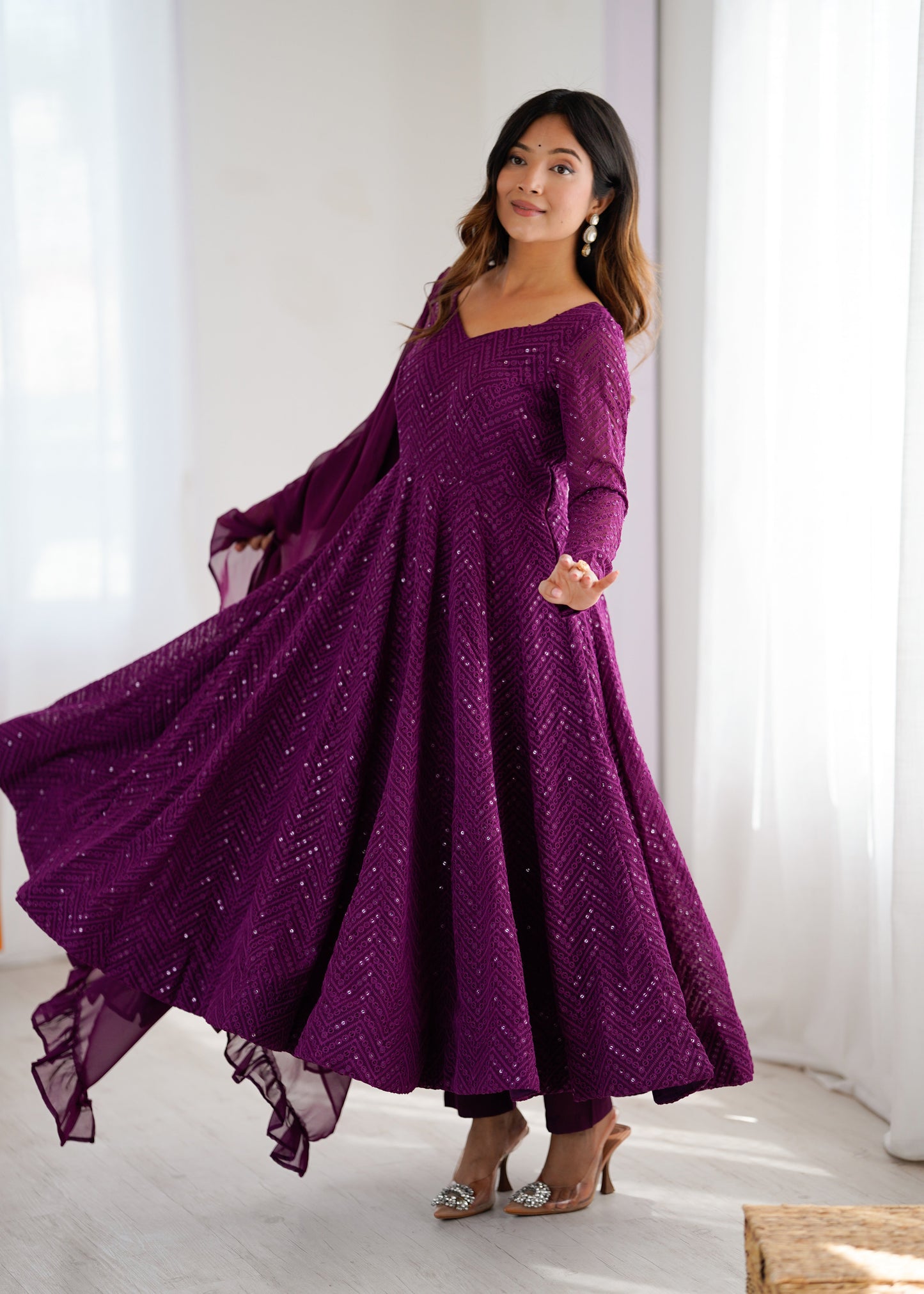 Lorenvalley Purple Faux Georgette Lukhnowi Sequence Work Anarkali Kurta Pant With Dupatta Set - Swadesiicart