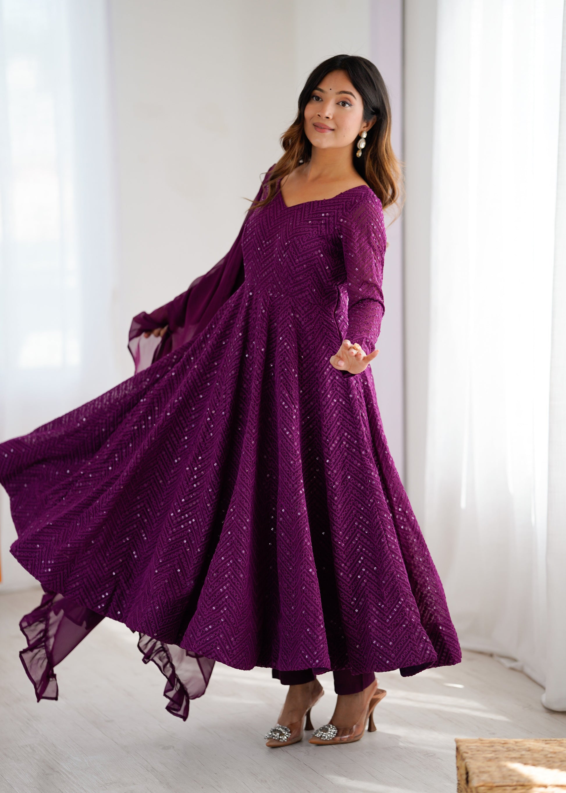 Lorenvalley Purple Faux Georgette Lukhnowi Sequence Work Anarkali Kurta Pant With Dupatta Set - Swadesiicart