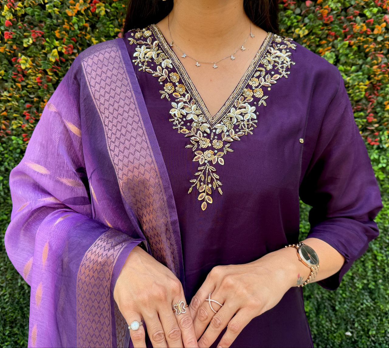 Lorenvalley Fashion Purple Roman Silk Hand Work Kurta Pant with Dupatta - Swadesiicart
