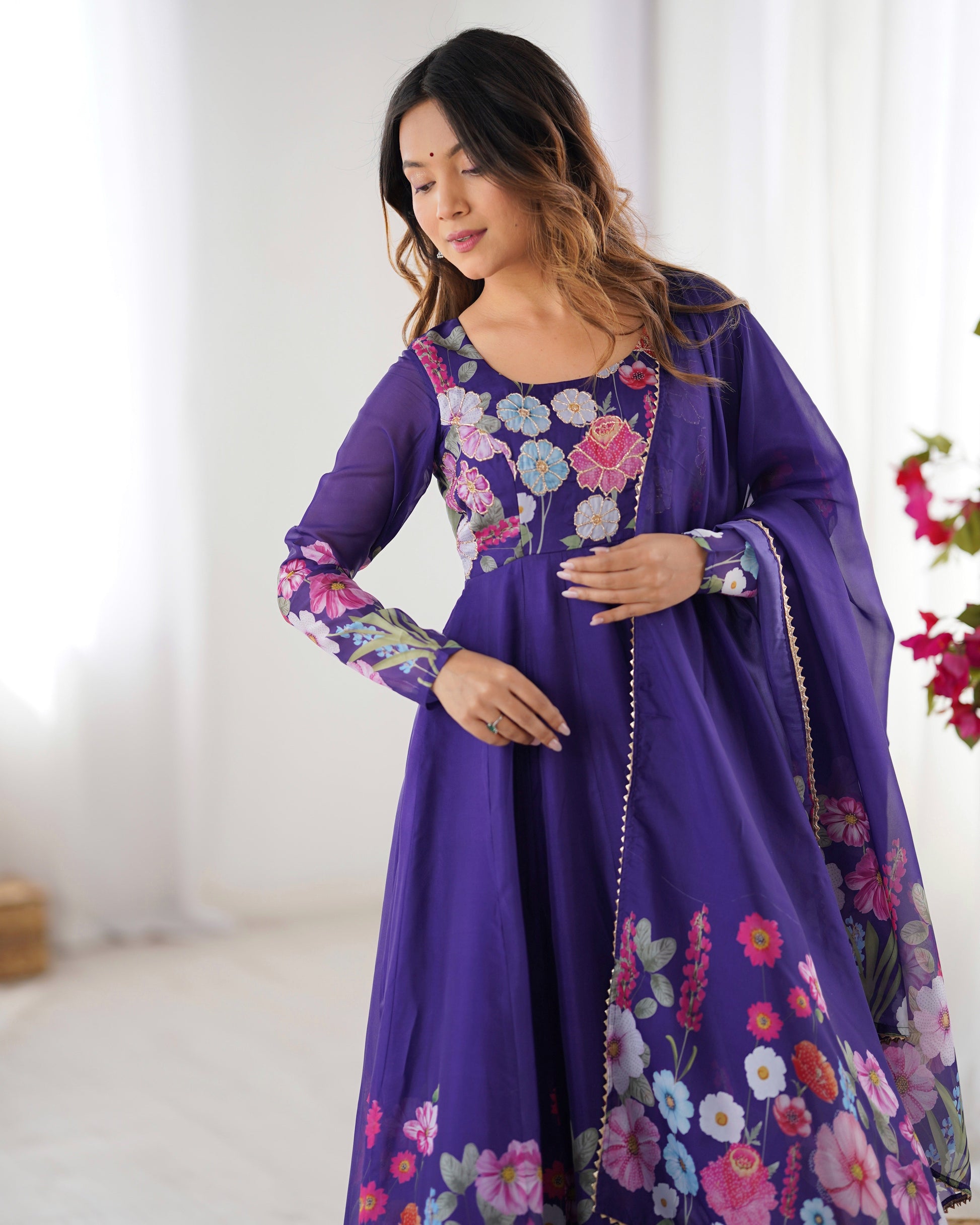 Lorenvalley Purple Soft Organza Silk With Floral Print Fully Flared Anarkali Pant With Dupatta Set | Swadesiicart