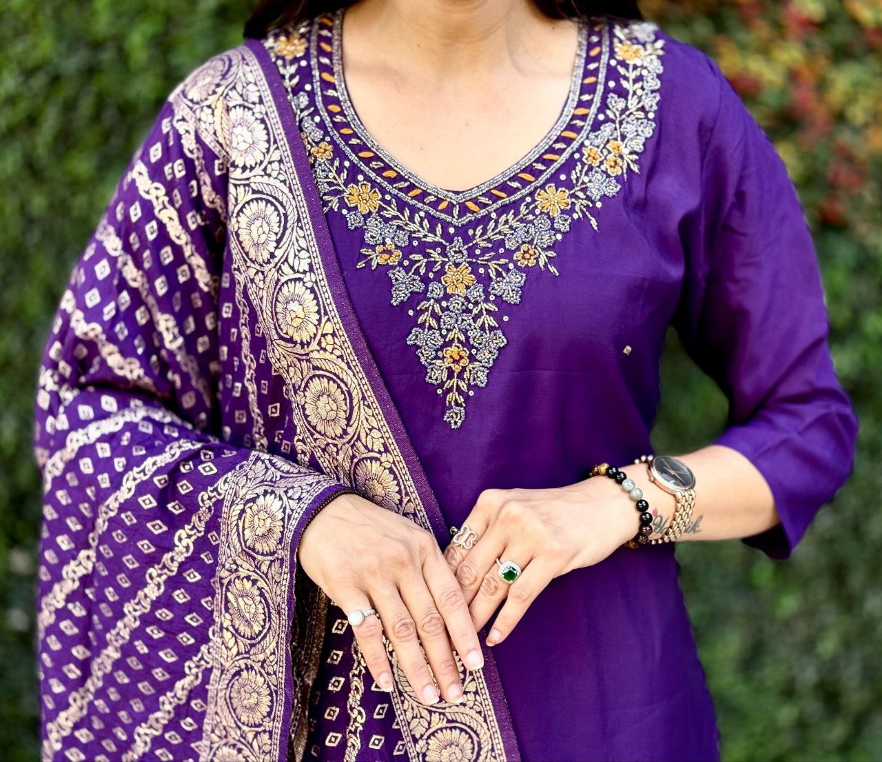 Lorenvalley Fashion Purple Roman Silk Hand Work Kurta Pant with Dupatta - Swadesiicart