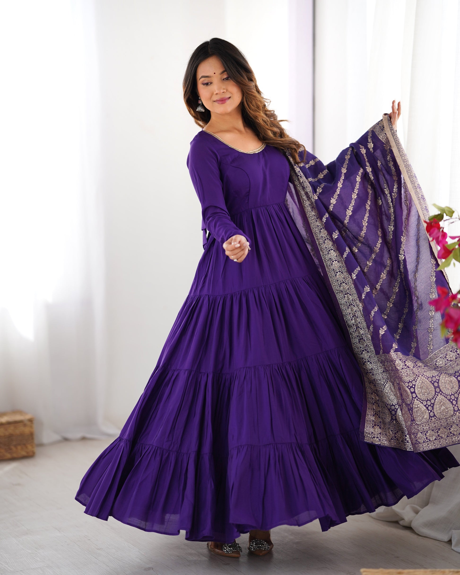 Lorenvalley Women Pure Roman silk Chanderi Fabric Layer Gathering Anarkali Kurta Pant With Dupatta Set | Swadesiicart