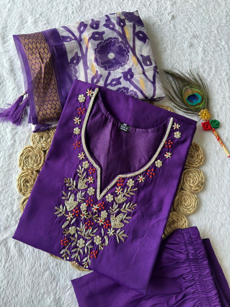 Lorenvalley Fashion Purple Roman Silk Hand Work Kurta Pant with Dupatta - Swadesiicart