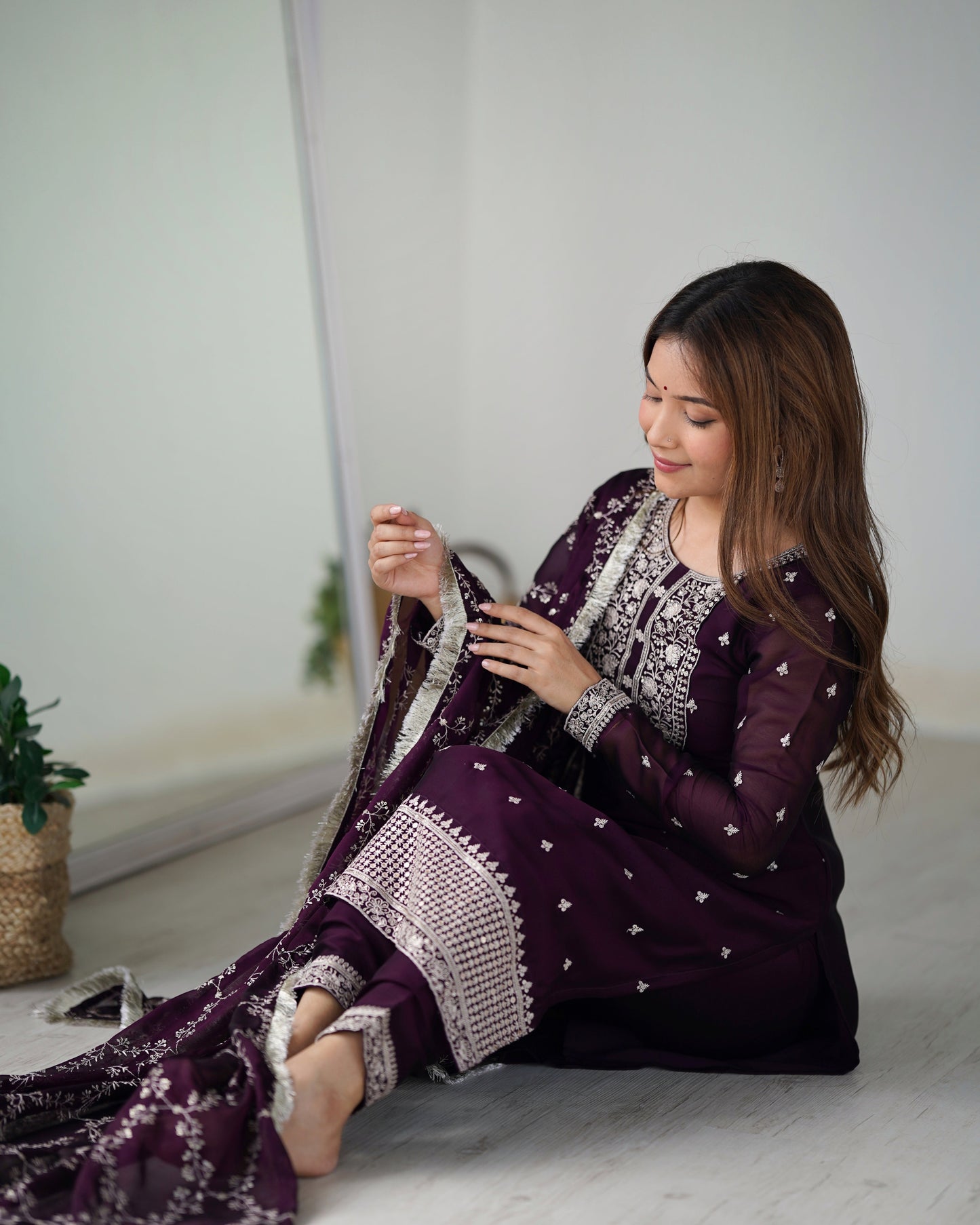 Lorenvalley Wine Rangoli Silk Embroidery Sequence And Thread Work Kurta Trousers with Dupatta Set | Swadesiicart
