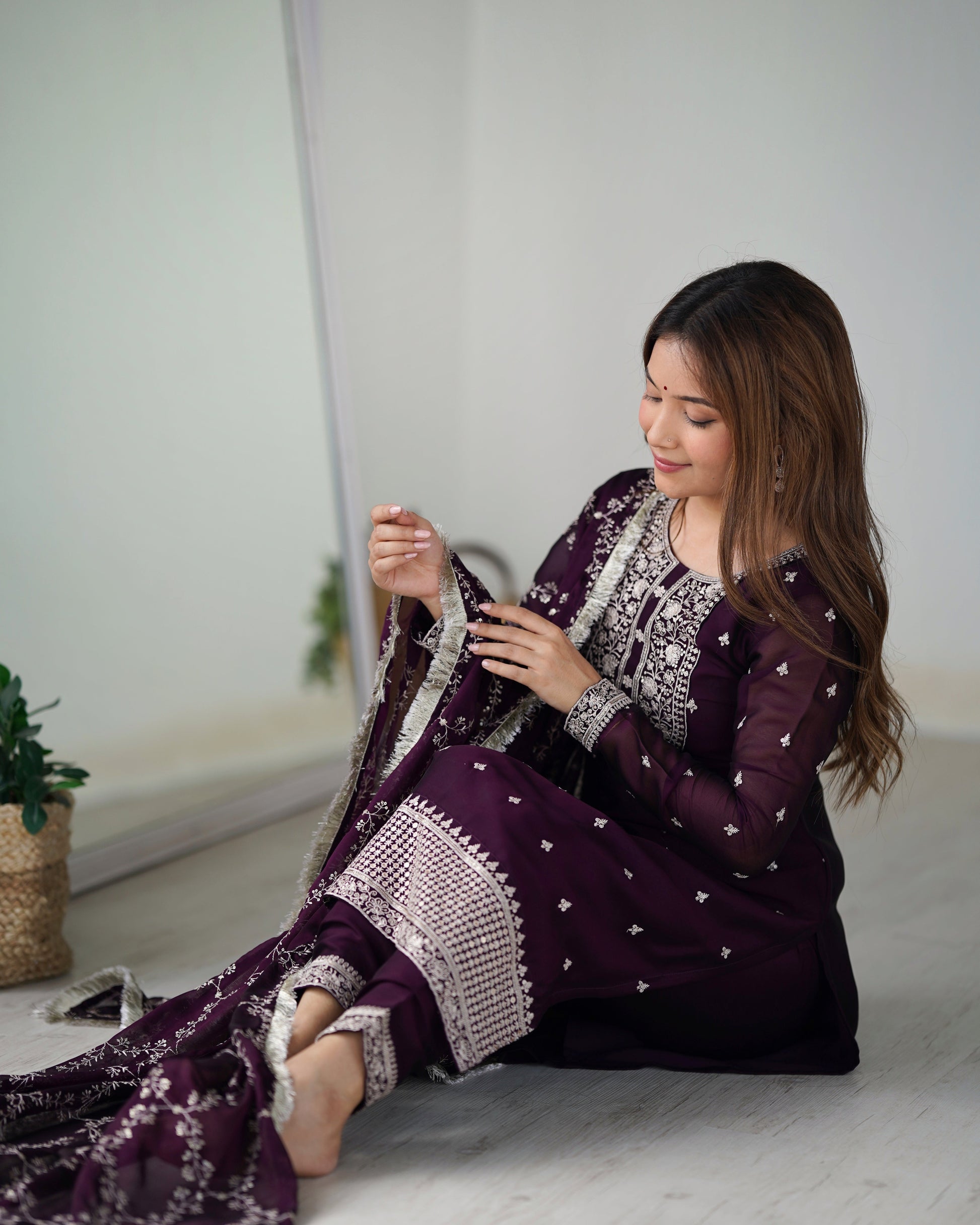 Lorenvalley Wine Rangoli Silk Embroidery Sequence And Thread Work Kurta Trousers with Dupatta Set | Swadesiicart