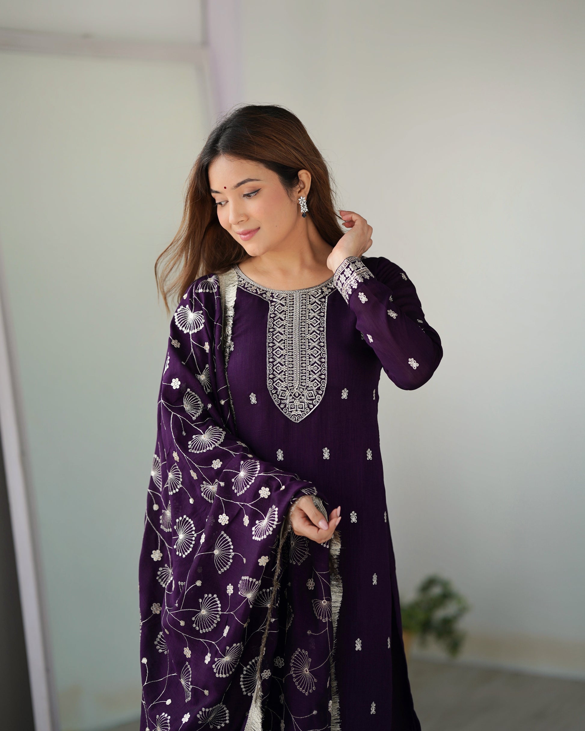 Lorenvalley Purple Rangoli Silk Embroidery Sequence and Jari Work Kurta Trousers with Dupatta Set | Swadesiicart