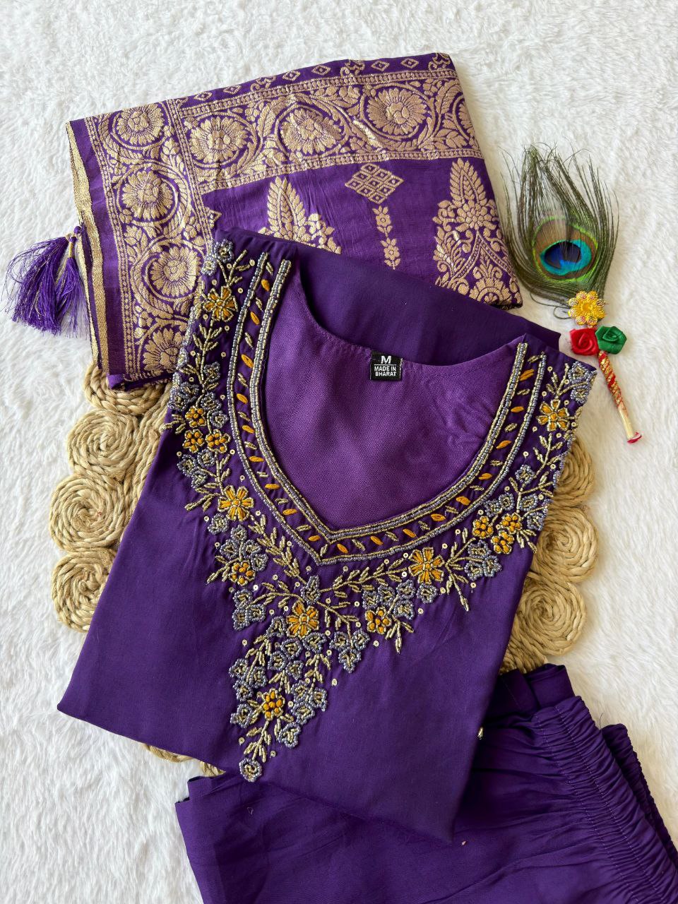 Lorenvalley Fashion Purple Roman Silk Hand Work Kurta Pant with Dupatta - Swadesiicart
