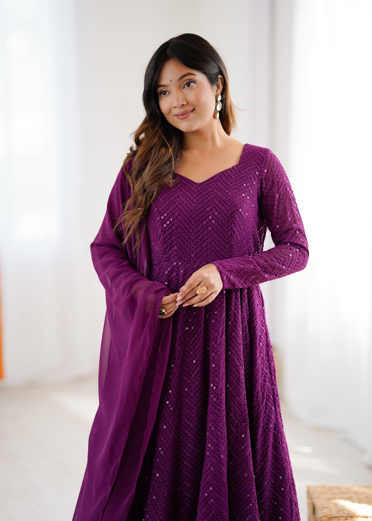 Lorenvalley Purple Faux Georgette Lukhnowi Sequence Work Anarkali Kurta Pant With Dupatta Set - Swadesiicart