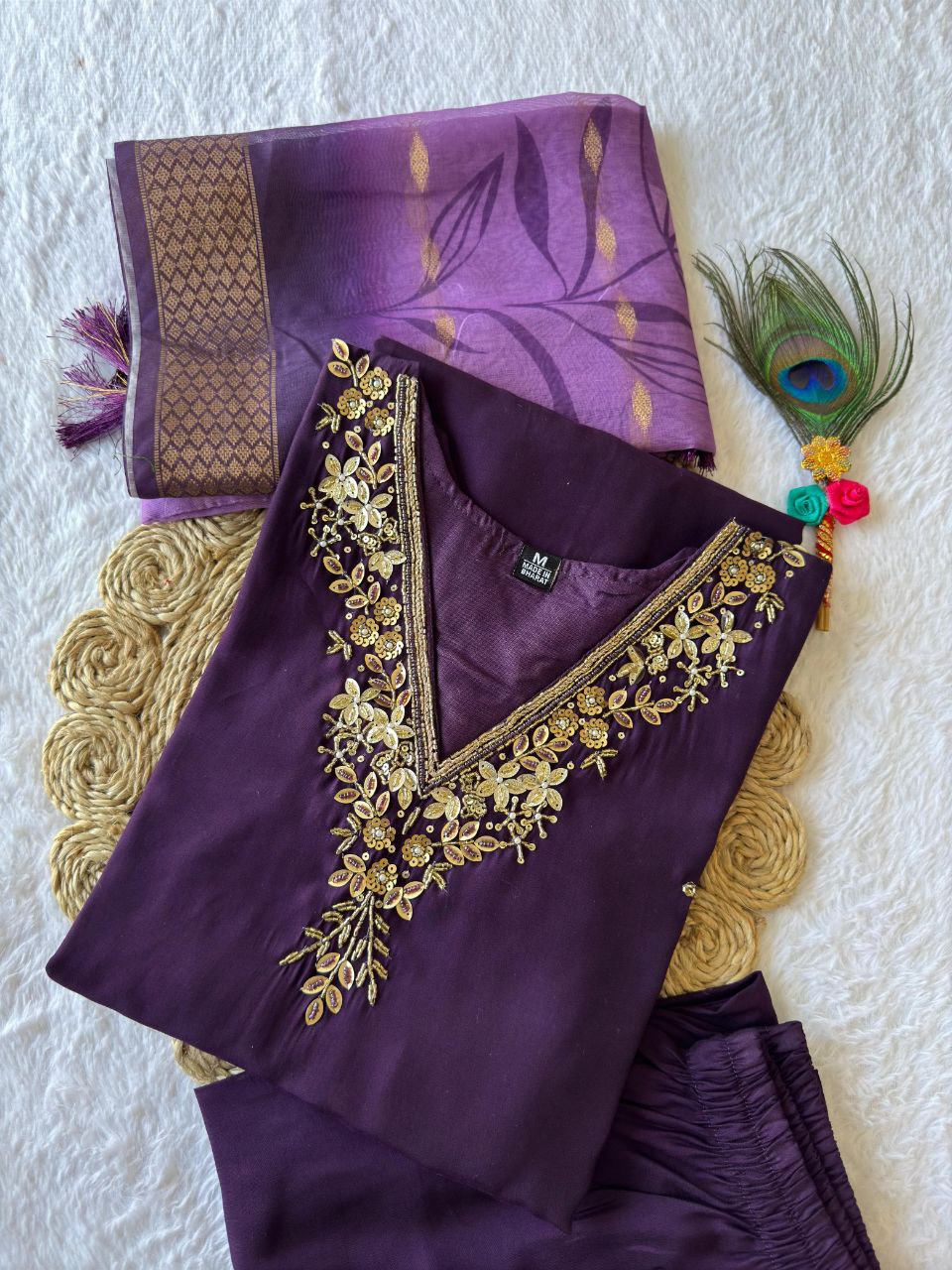 Lorenvalley Fashion Purple Roman Silk Hand Work Kurta Pant with Dupatta - Swadesiicart