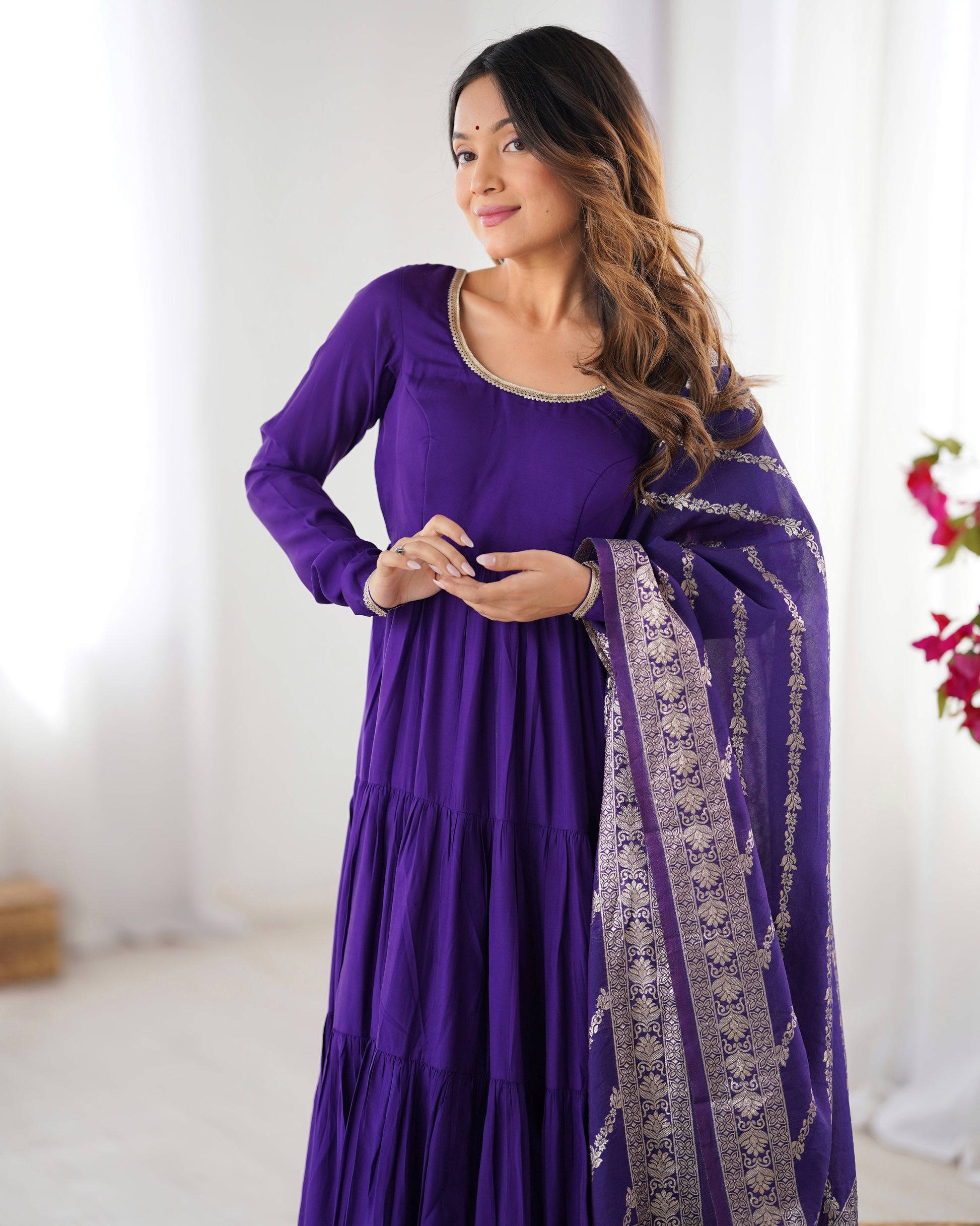Lorenvalley Women Pure Roman silk Chanderi Fabric Layer Gathering Anarkali Kurta Pant With Dupatta Set | Swadesiicart