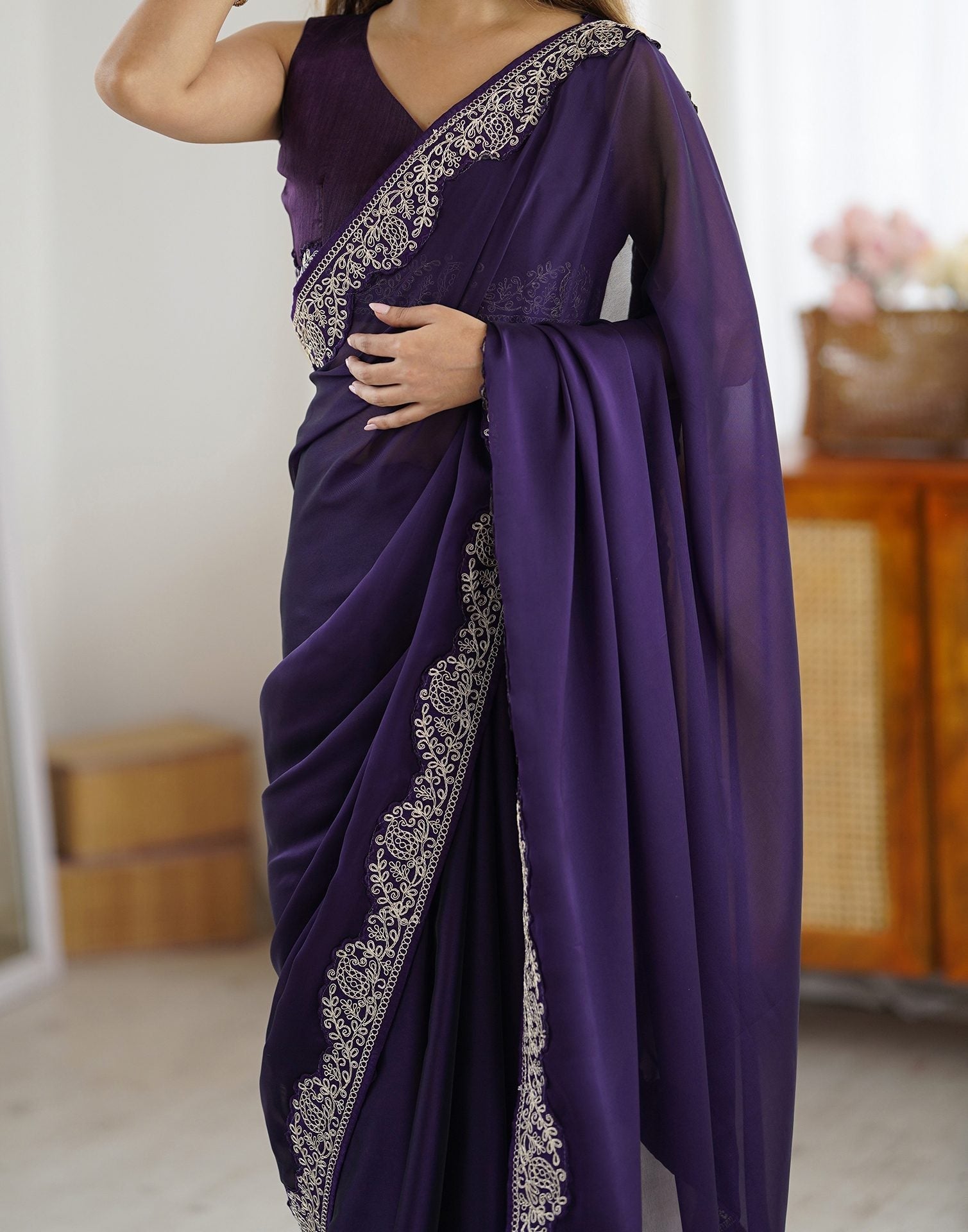 Lorenvalley Fashion Purple Rangoli Silk with Coding Lace Work Saree with Blouse - Swadesiicart