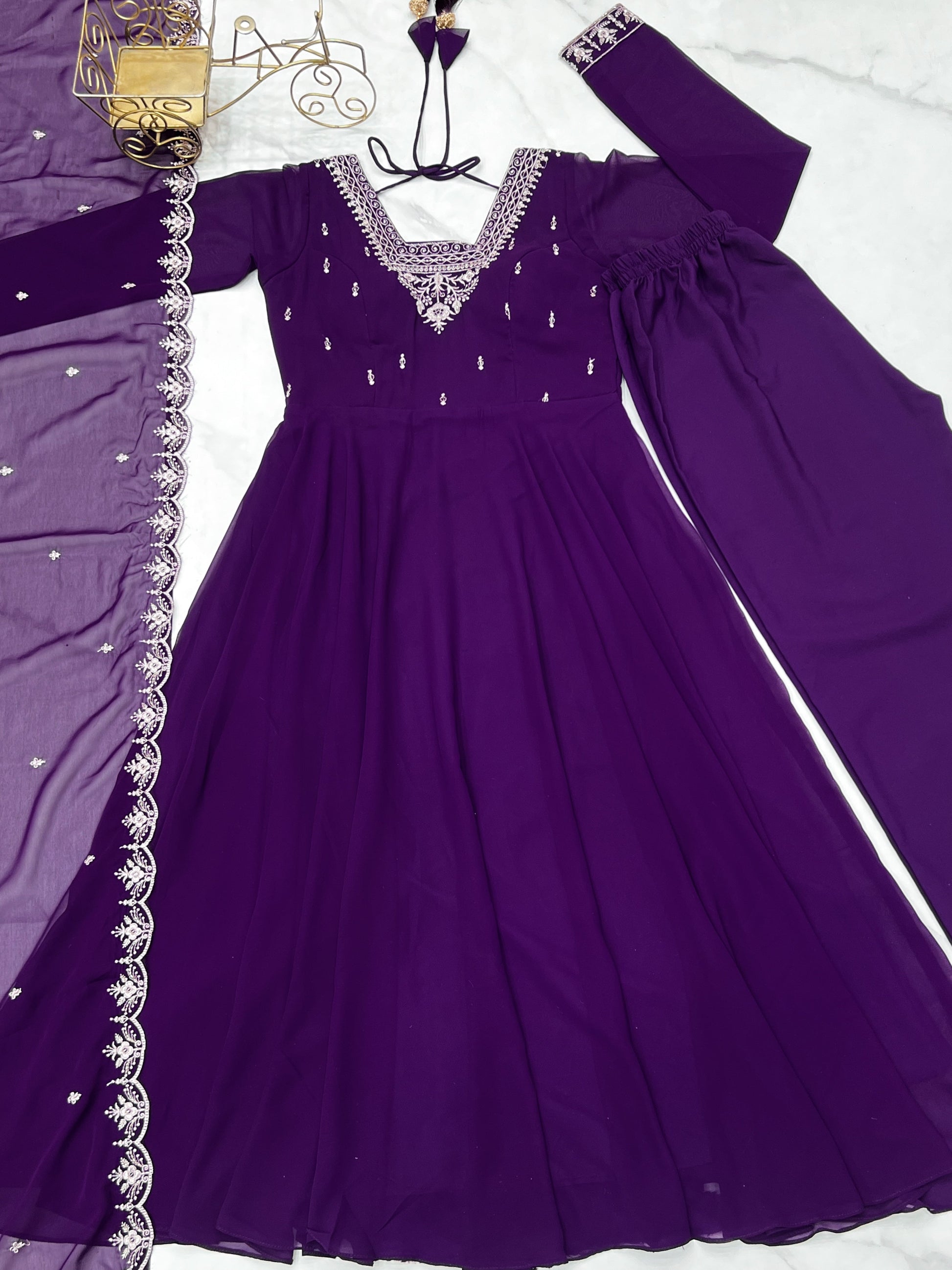Lorenvalley Purple Faux Georgette Fancy Embroidery Beads And Jari Work Anarkali Kurta Palazzo With Dupatta Set | Swadesiicart