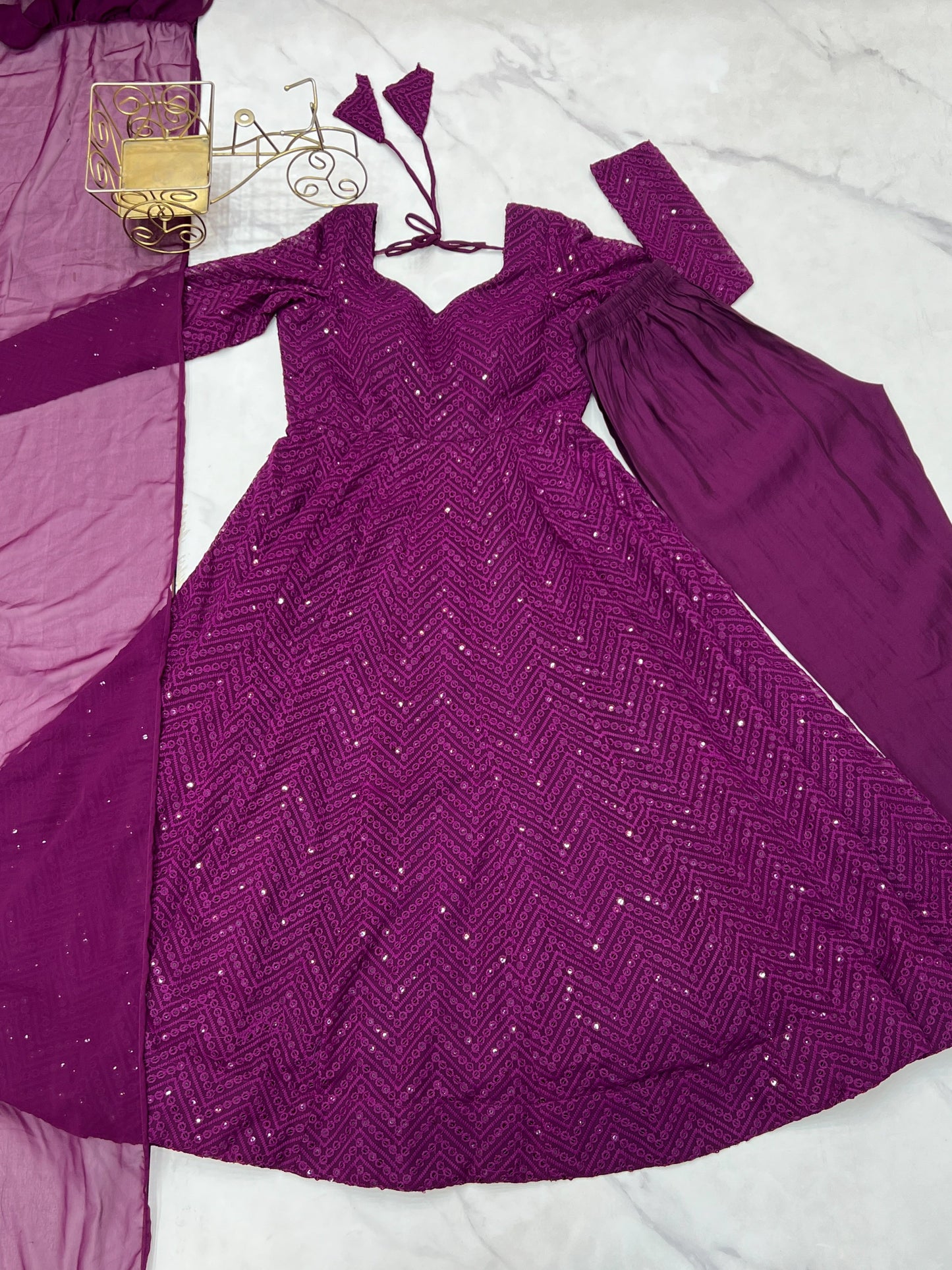 Lorenvalley Purple Faux Georgette Lukhnowi Sequence Work Anarkali Kurta Pant With Dupatta Set - Swadesiicart