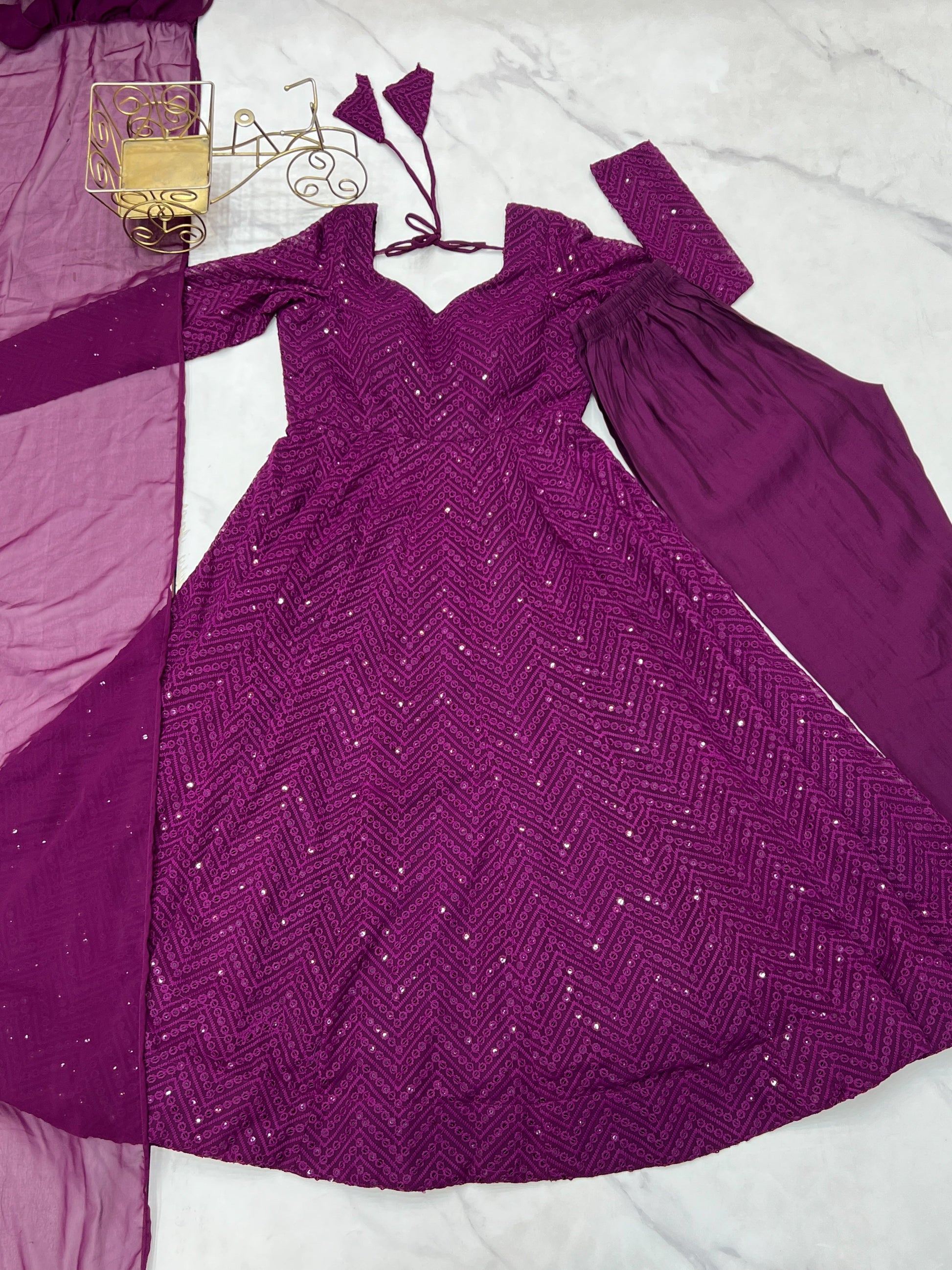 Lorenvalley Purple Faux Georgette Lukhnowi Sequence Work Anarkali Kurta Pant With Dupatta Set - Swadesiicart