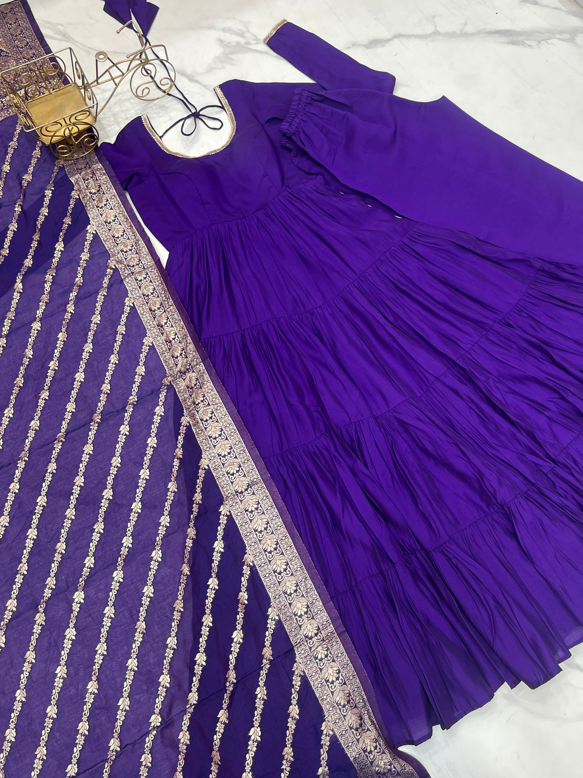 Lorenvalley Women Pure Roman silk Chanderi Fabric Layer Gathering Anarkali Kurta Pant With Dupatta Set | Swadesiicart